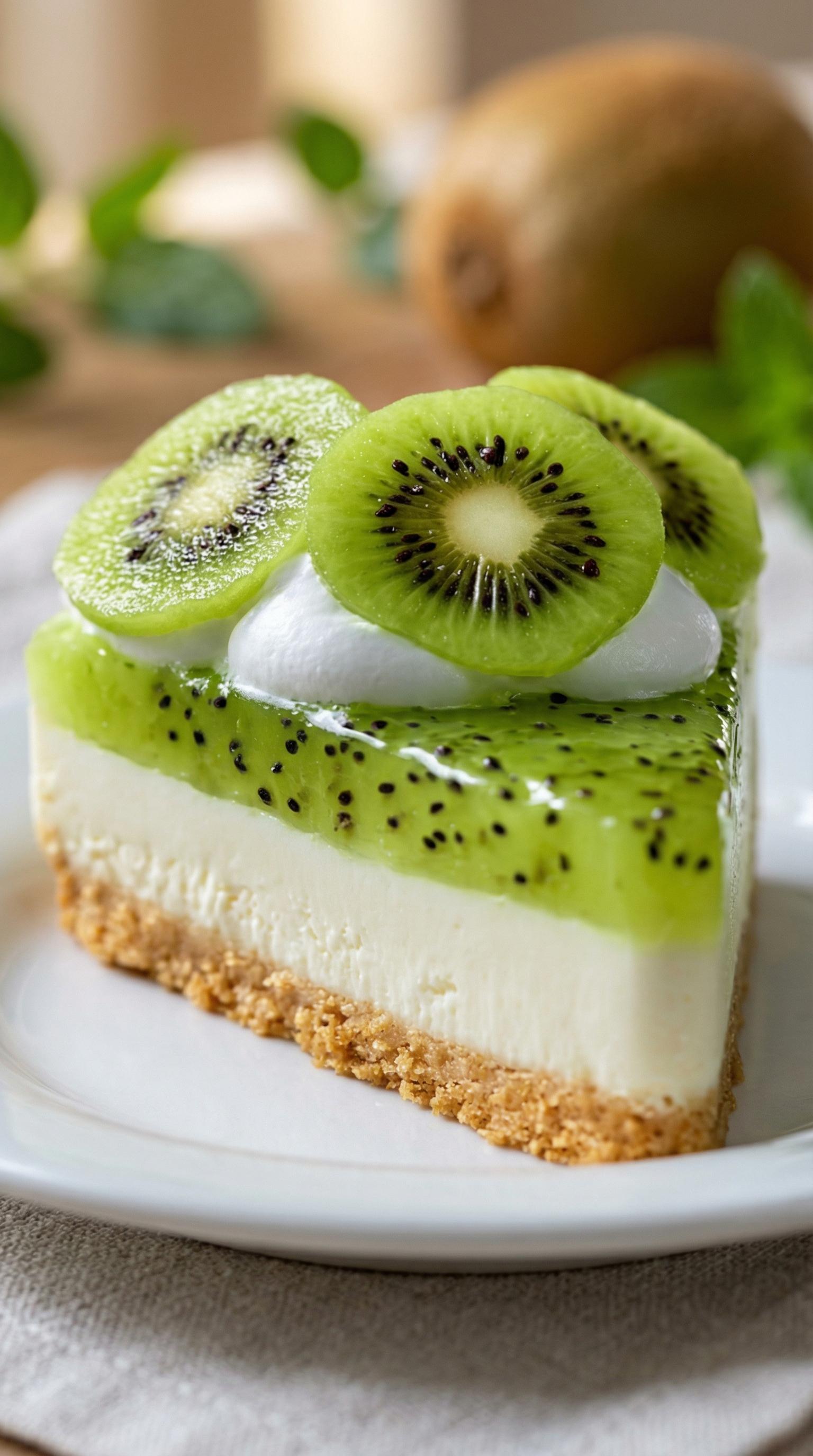 A slice of kiwi cheesecake on a white plate.