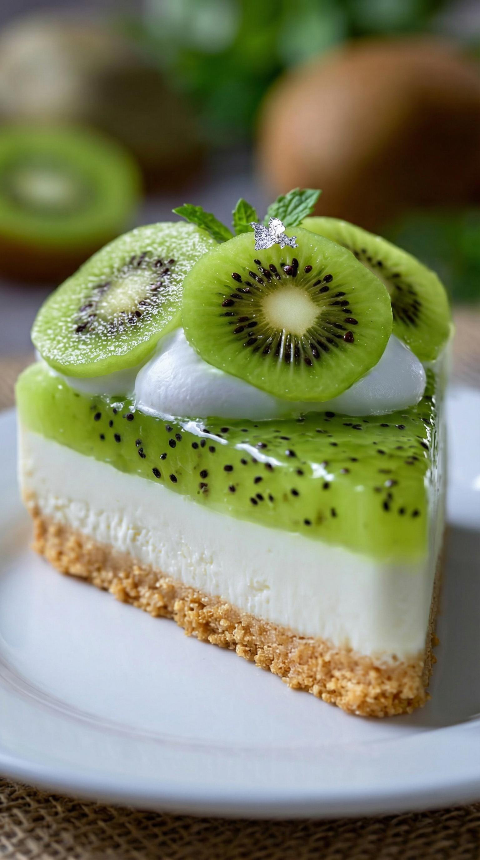 A slice of kiwi cheesecake with kiwi slices on top.