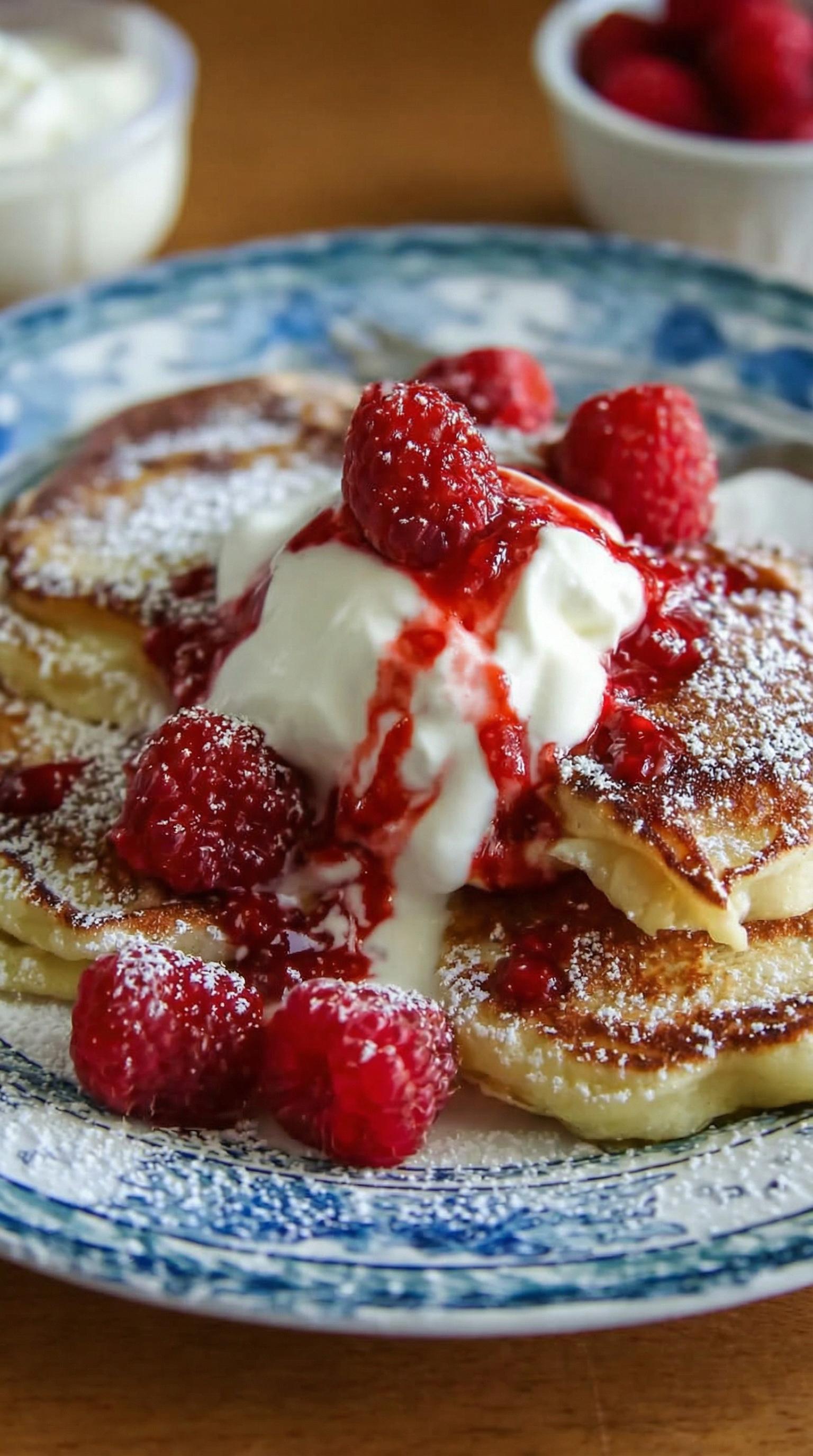 A plate of food with a white sauce and raspberries.