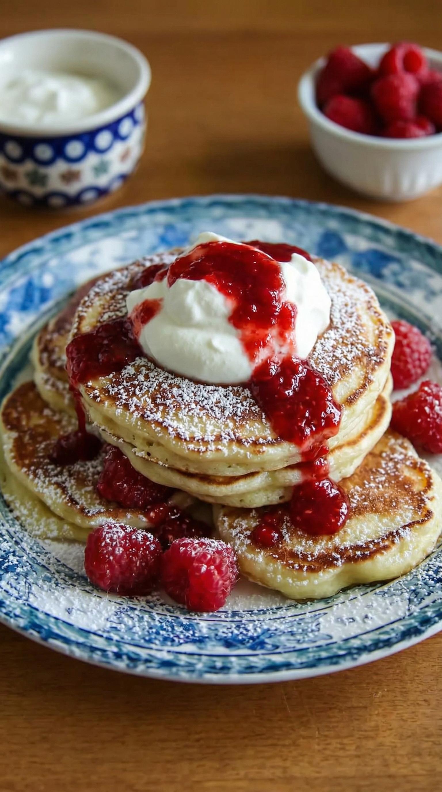 A plate of pancakes with berries and whipped cream on top.