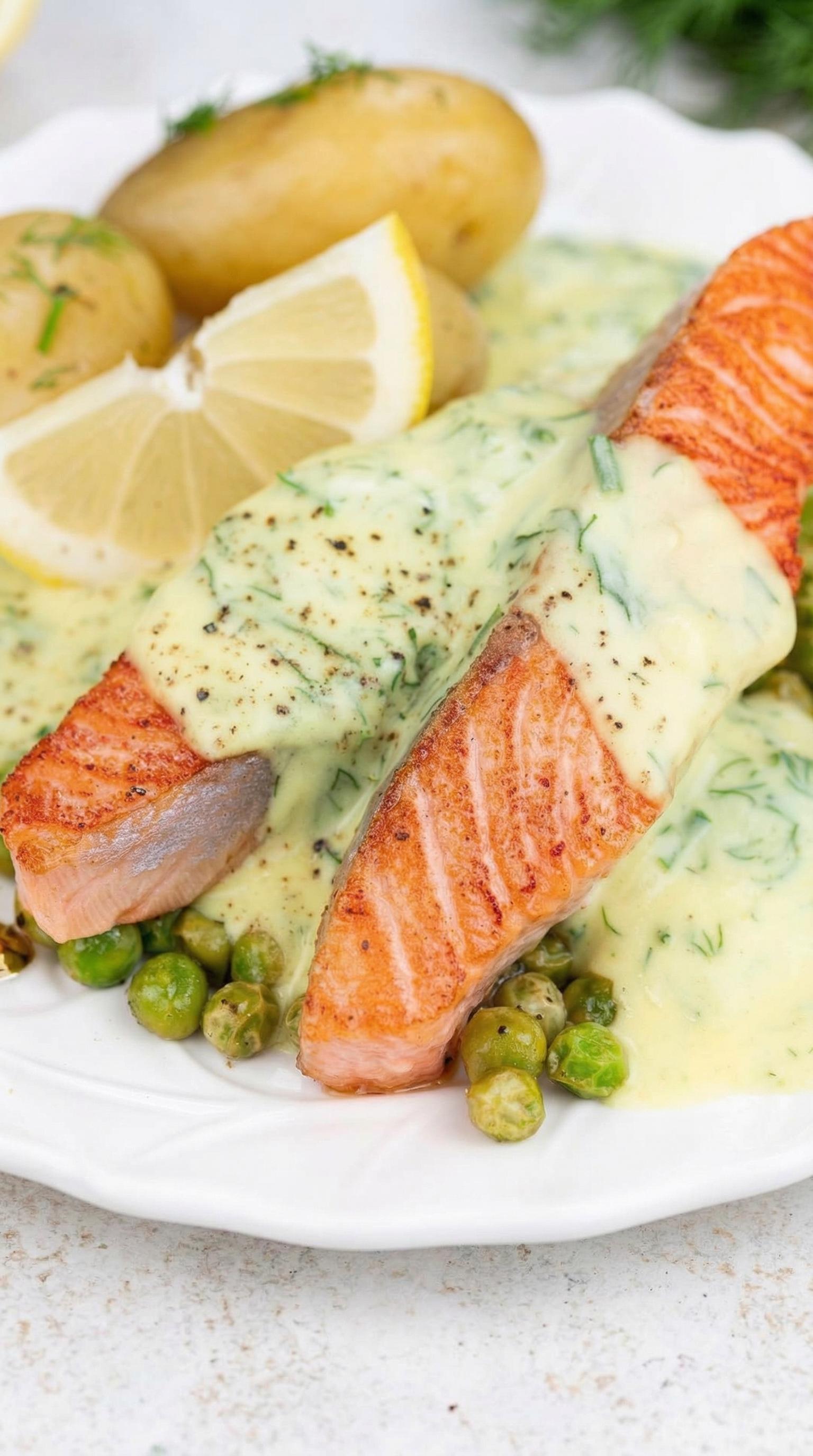 A plate of food with salmon and peas.