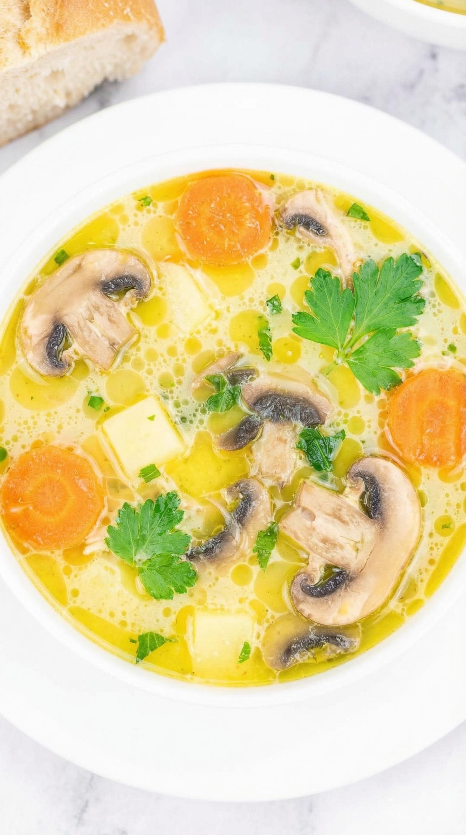 A bowl of soup with mushrooms, carrots, and parsley.