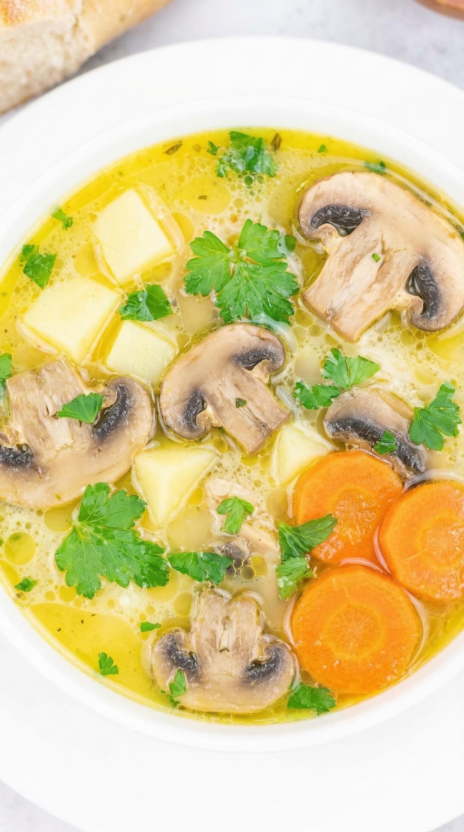 A bowl of soup with mushrooms, carrots, and parsley.