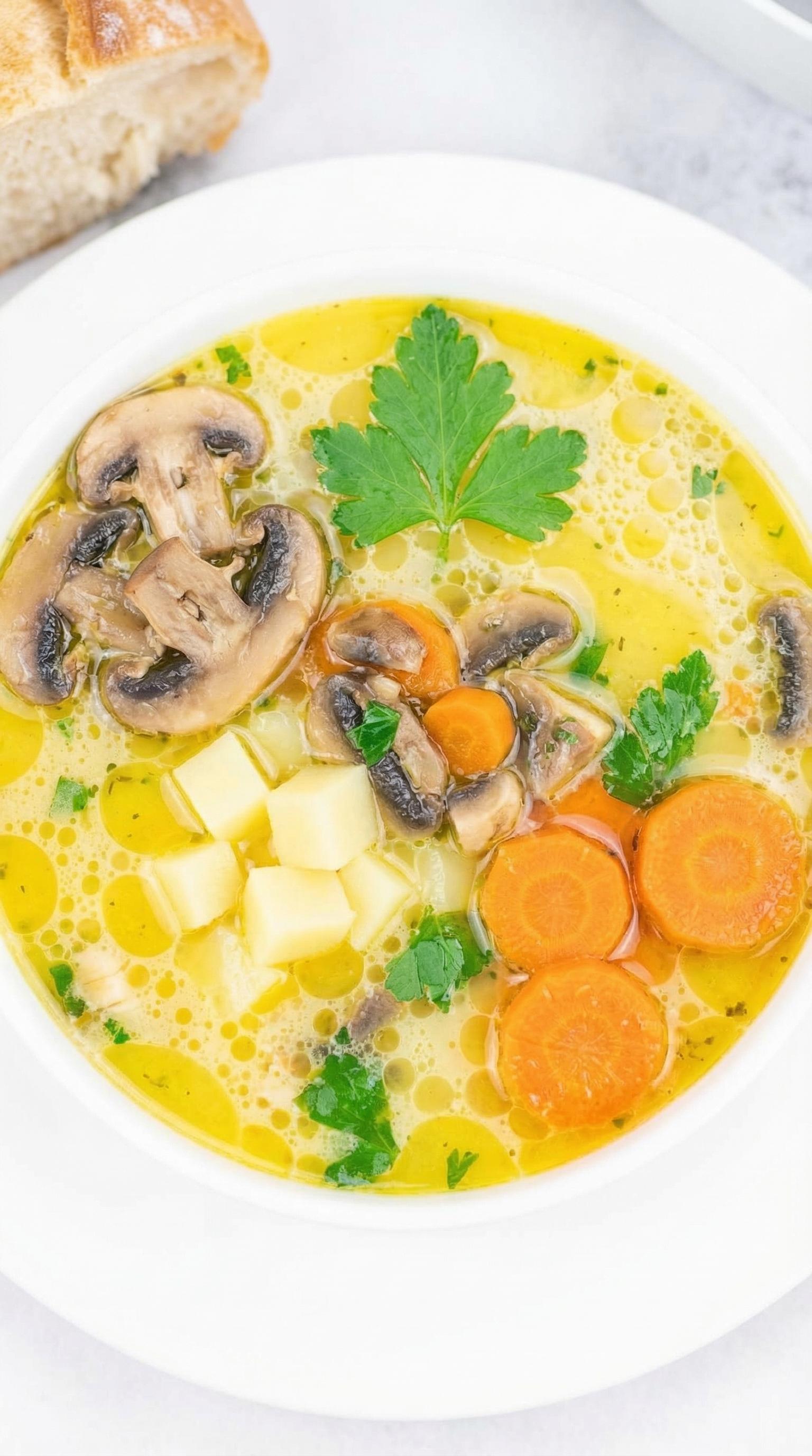 A bowl of soup with mushrooms, carrots, and parsley.