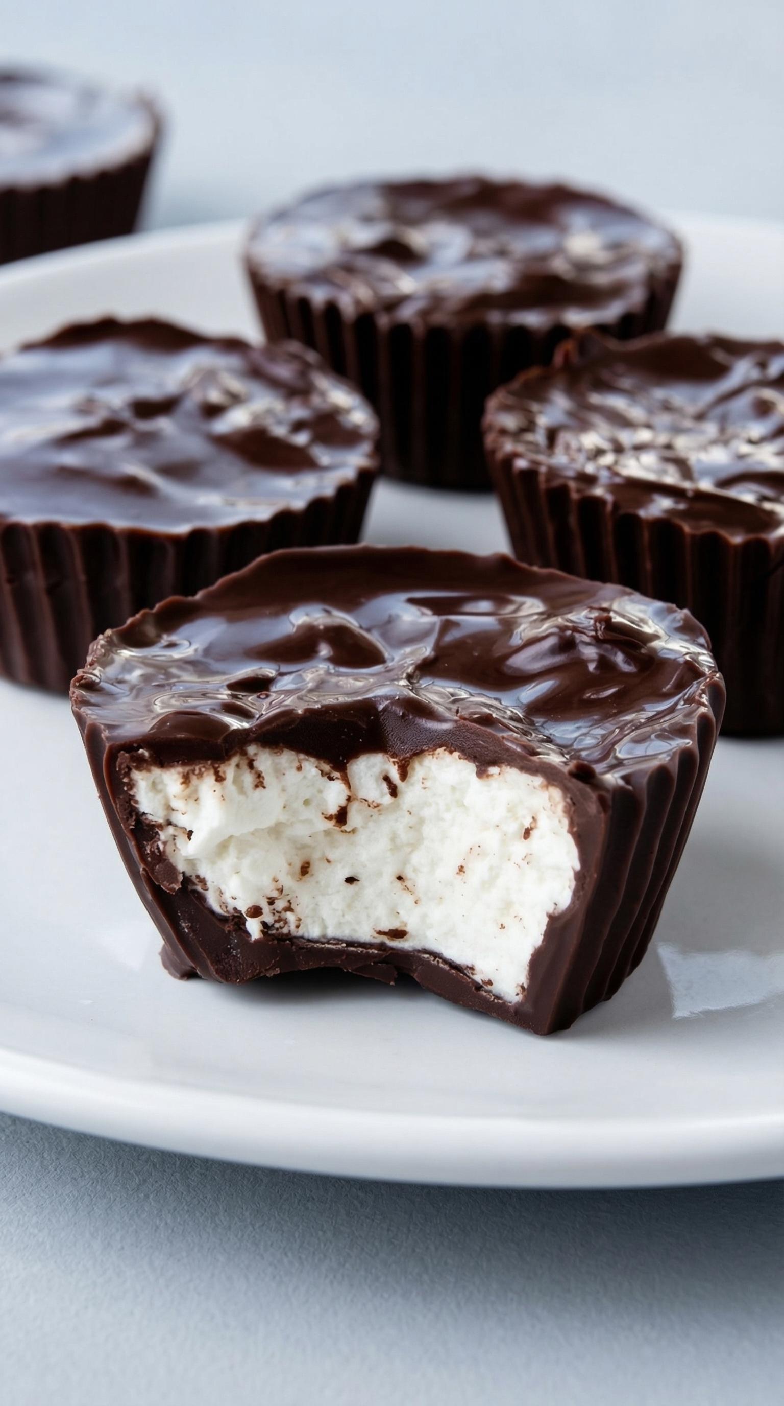 A chocolate dessert with white cream in the middle.