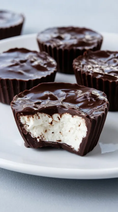 A chocolate dessert with white cream in the middle.