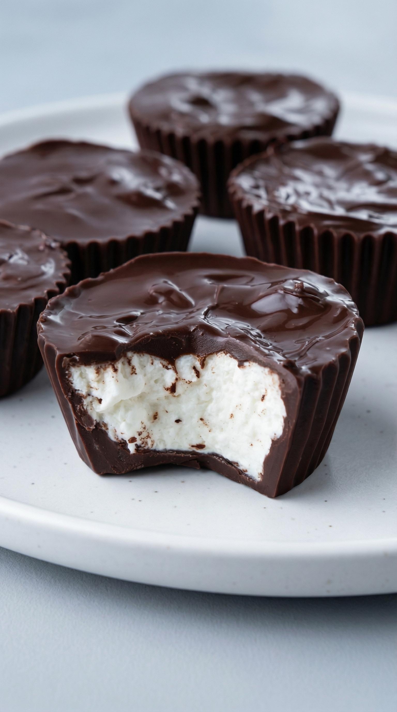 A chocolate dessert with white cream.