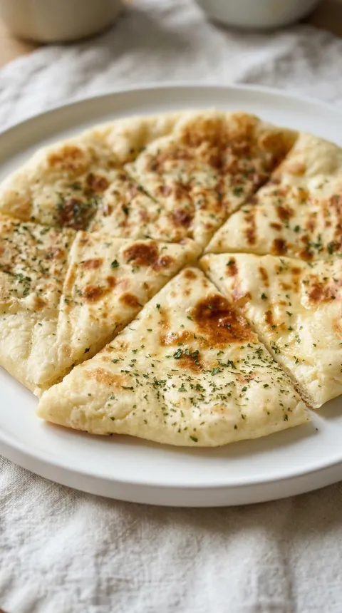 A slice of pizza with cheese and herbs on top.