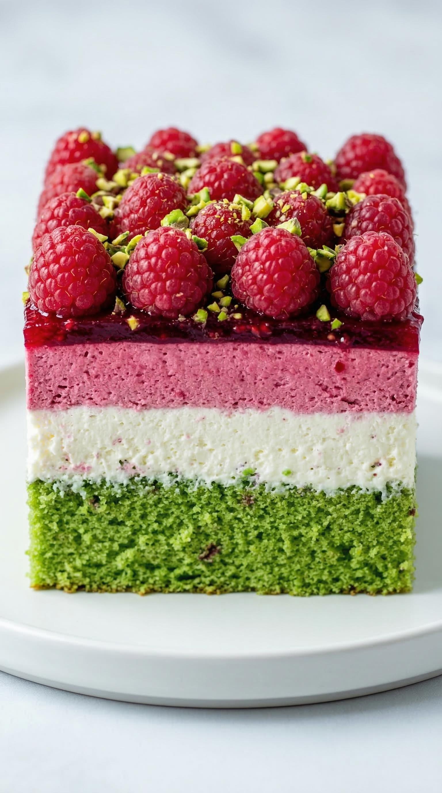 A slice of cake with raspberries and green cream.