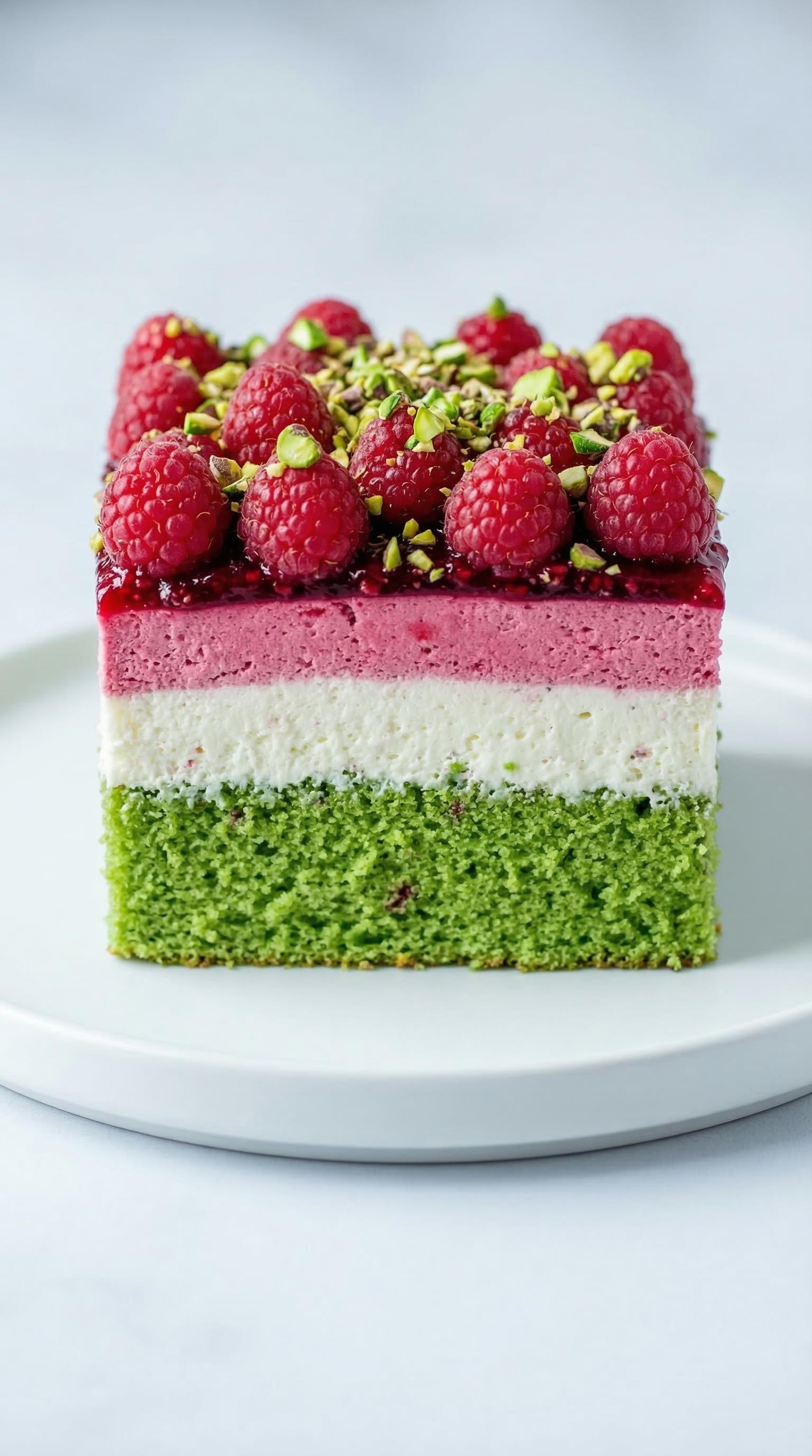 A slice of cake with raspberries and pistachios.