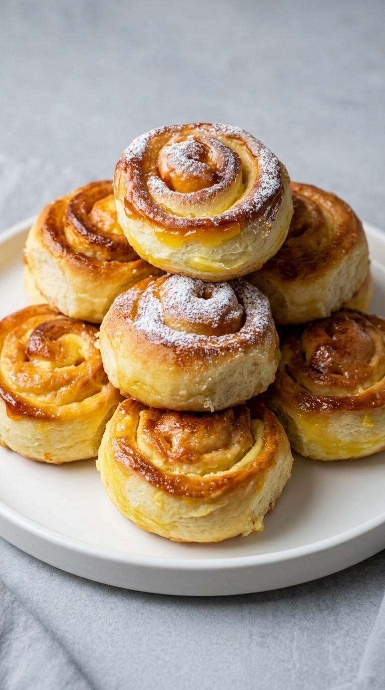 A stack of pastries with powdered sugar on top.