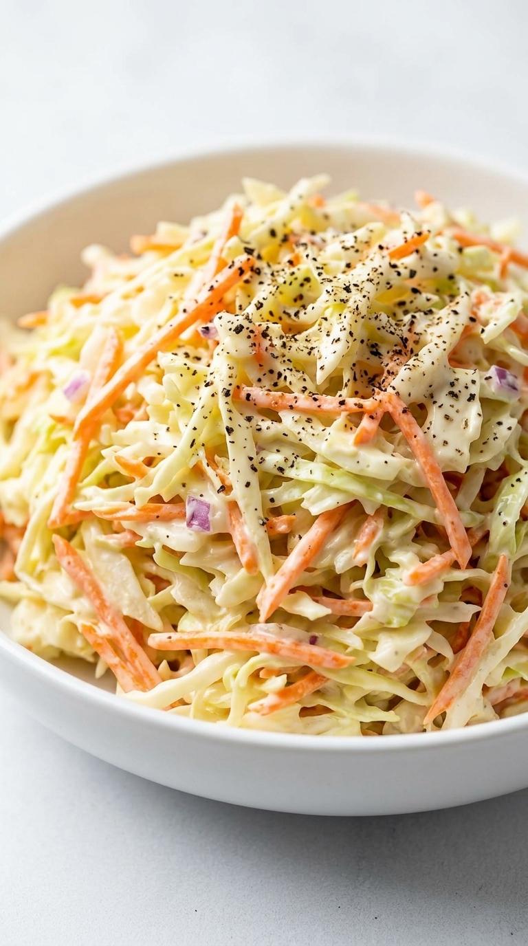 A bowl of coleslaw with black seeds on top.