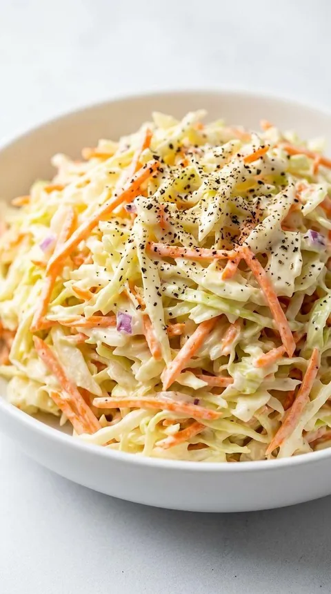 A bowl of coleslaw with black seeds on top.