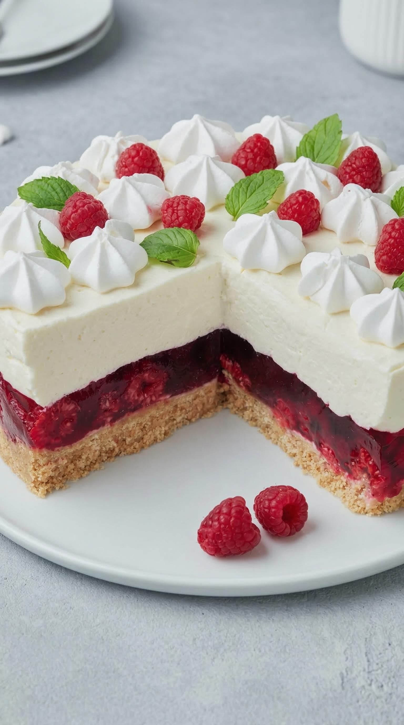 A slice of cake with white frosting and raspberries on top.
