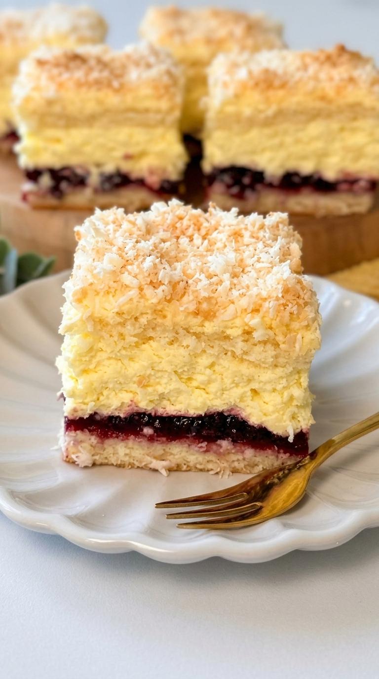 A slice of cake with coconut on top.