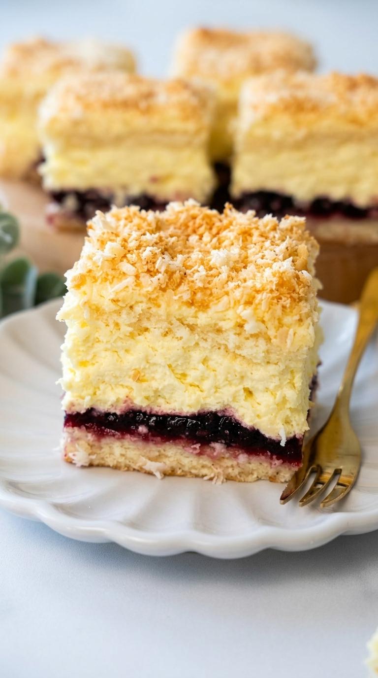 A slice of cake with coconut on top.