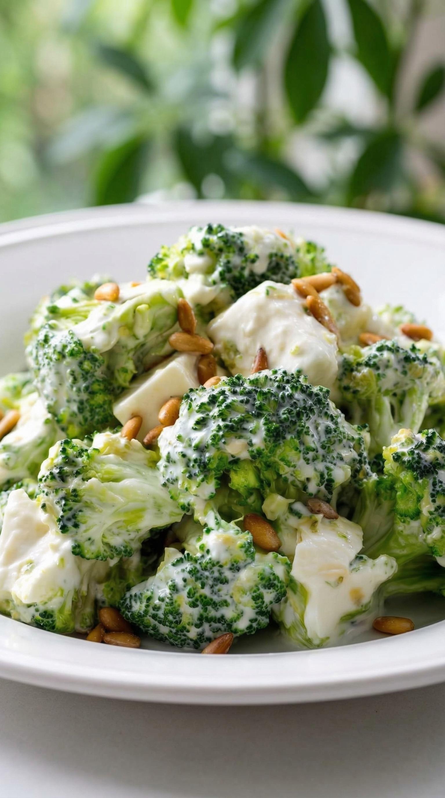 A bowl of broccoli with pine nuts.