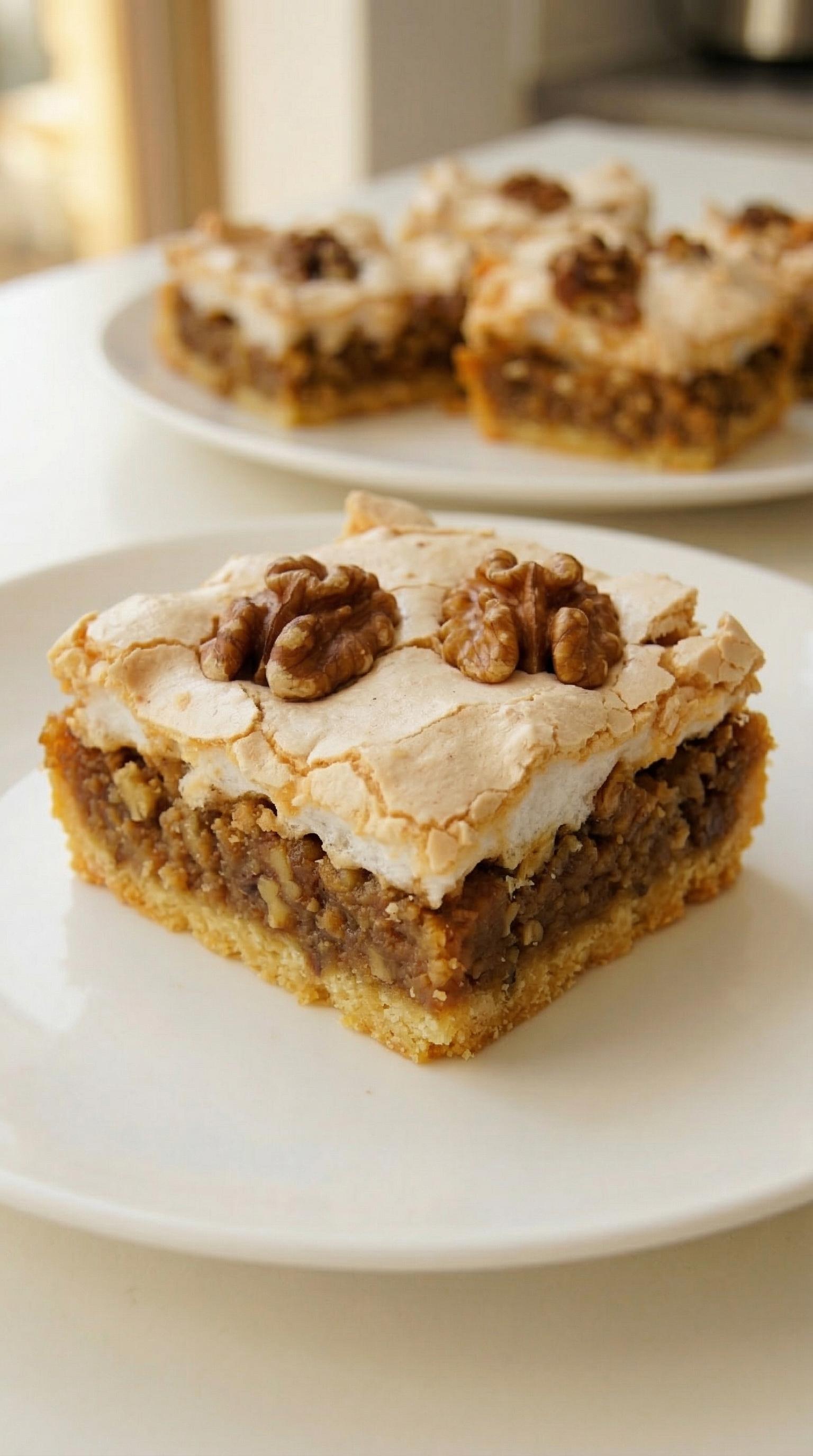 A slice of mazurek orzechowy z bezą.