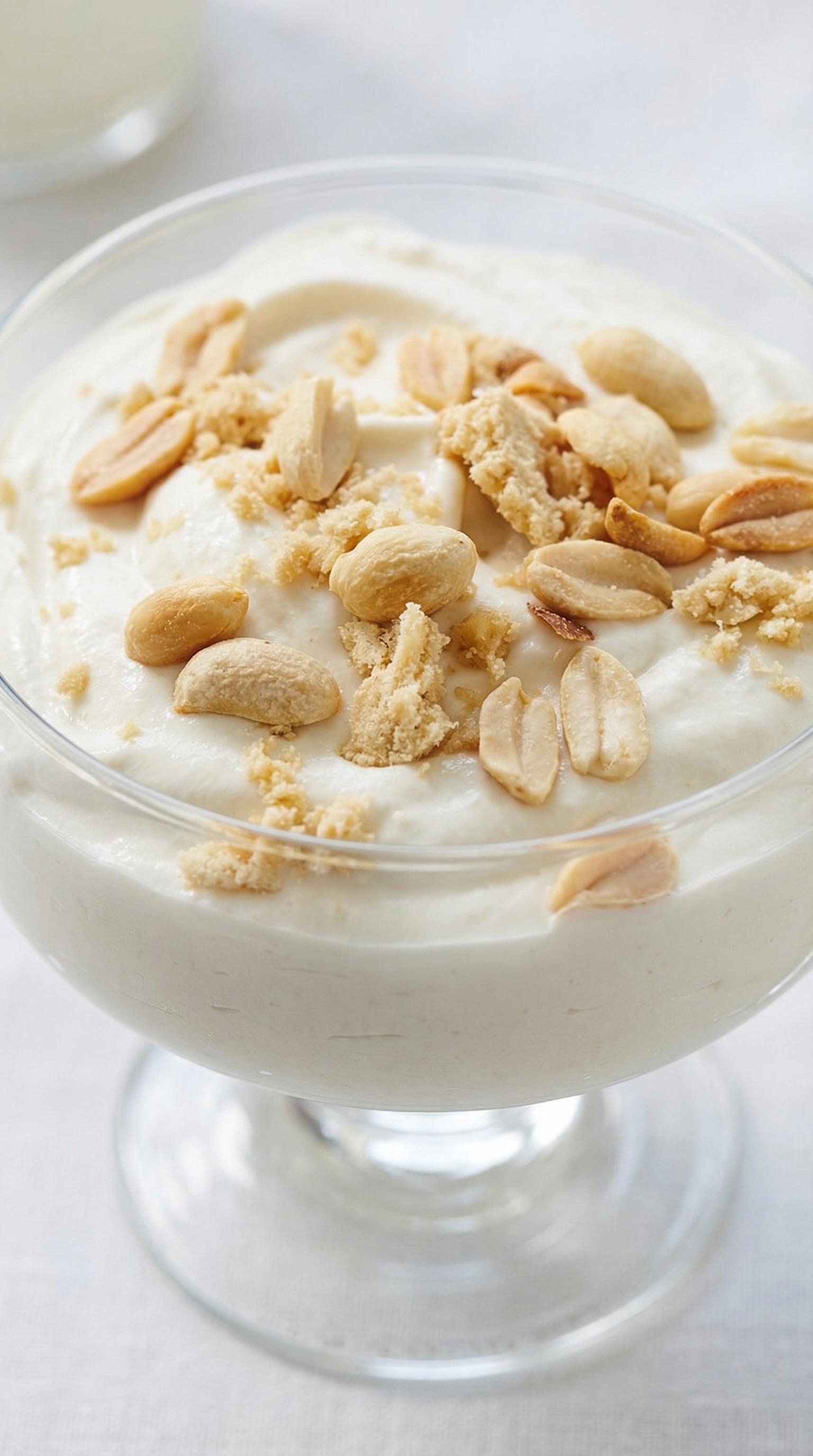 A glass of food with nuts on top.