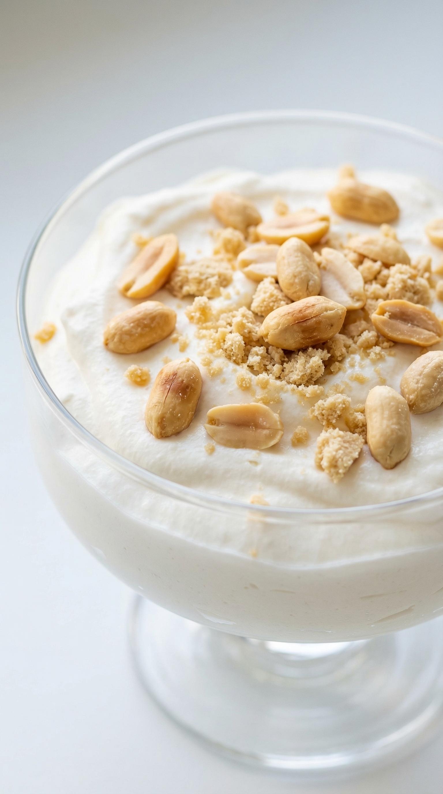 A glass of whipped cream with nuts on top.