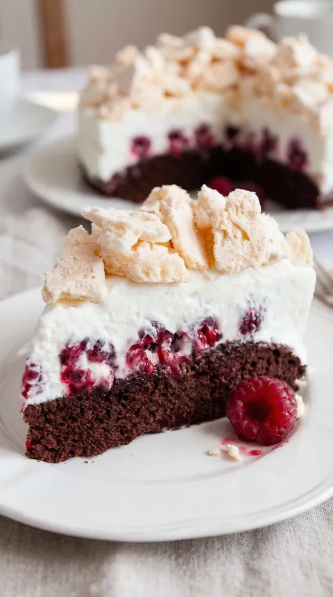 A slice of chocolate cake with raspberry sauce.