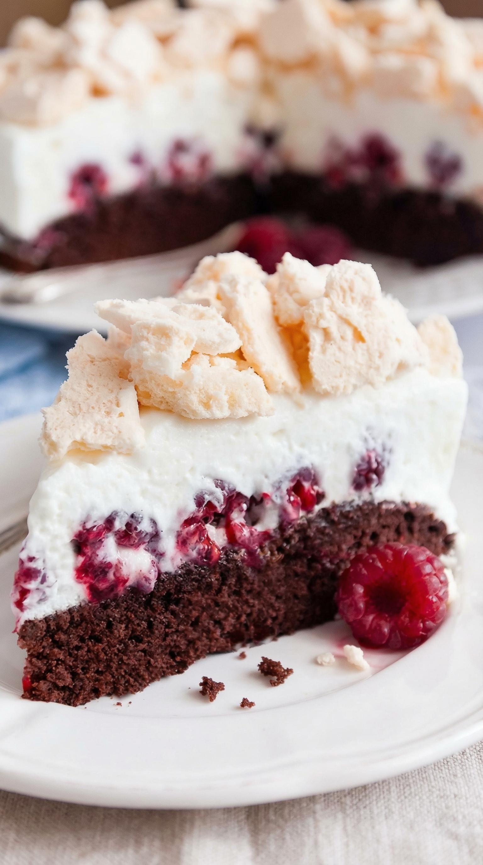 A slice of chocolate cake with raspberry sauce.