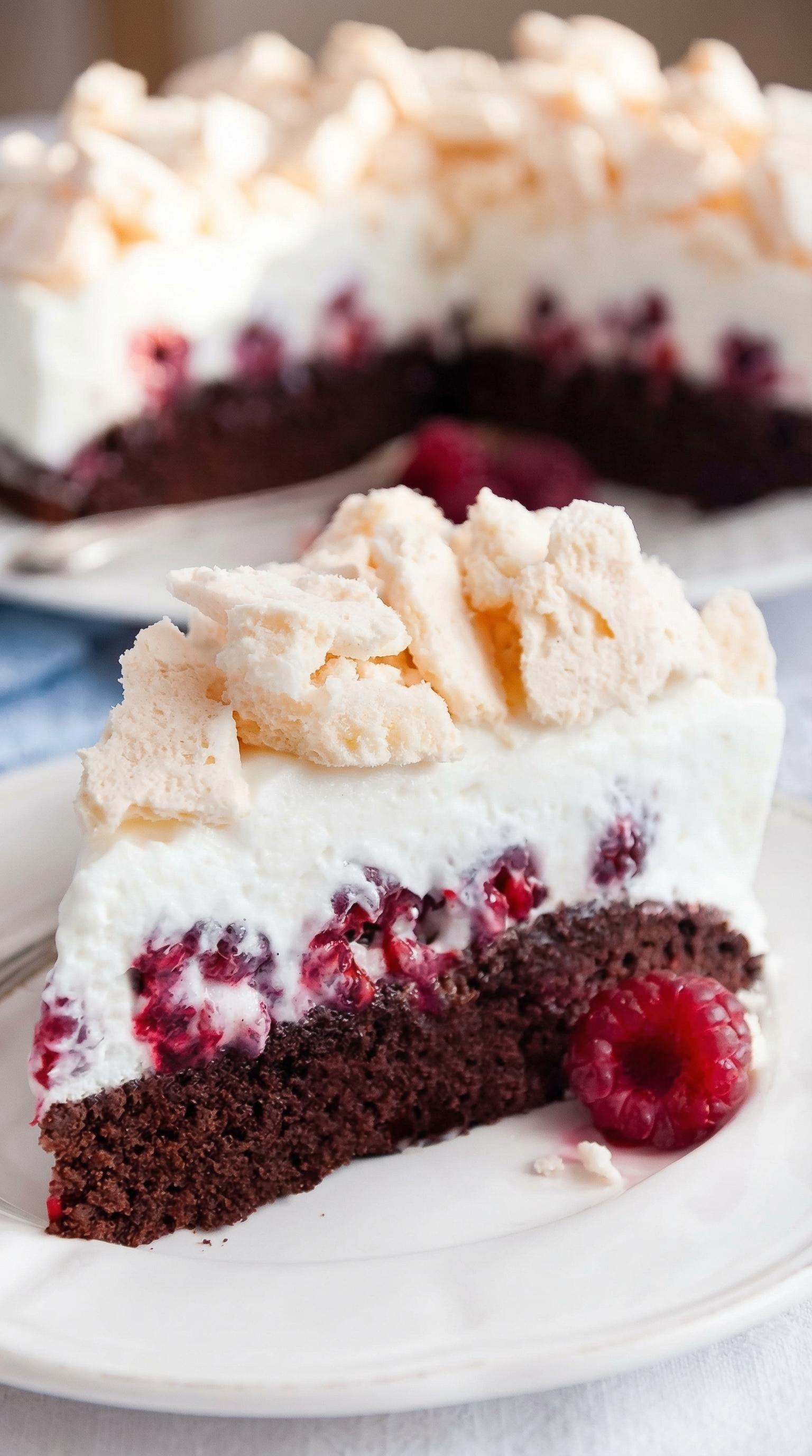 A slice of chocolate cake with raspberry sauce.