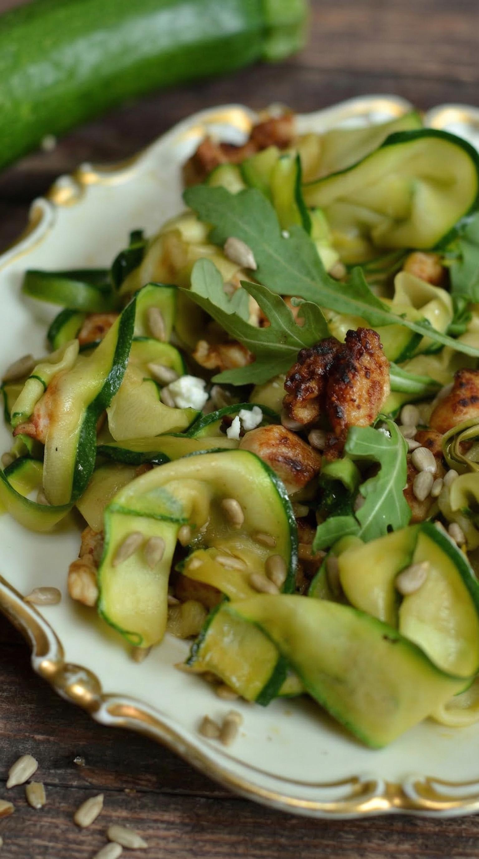 A plate of food with zucchini and spinach.