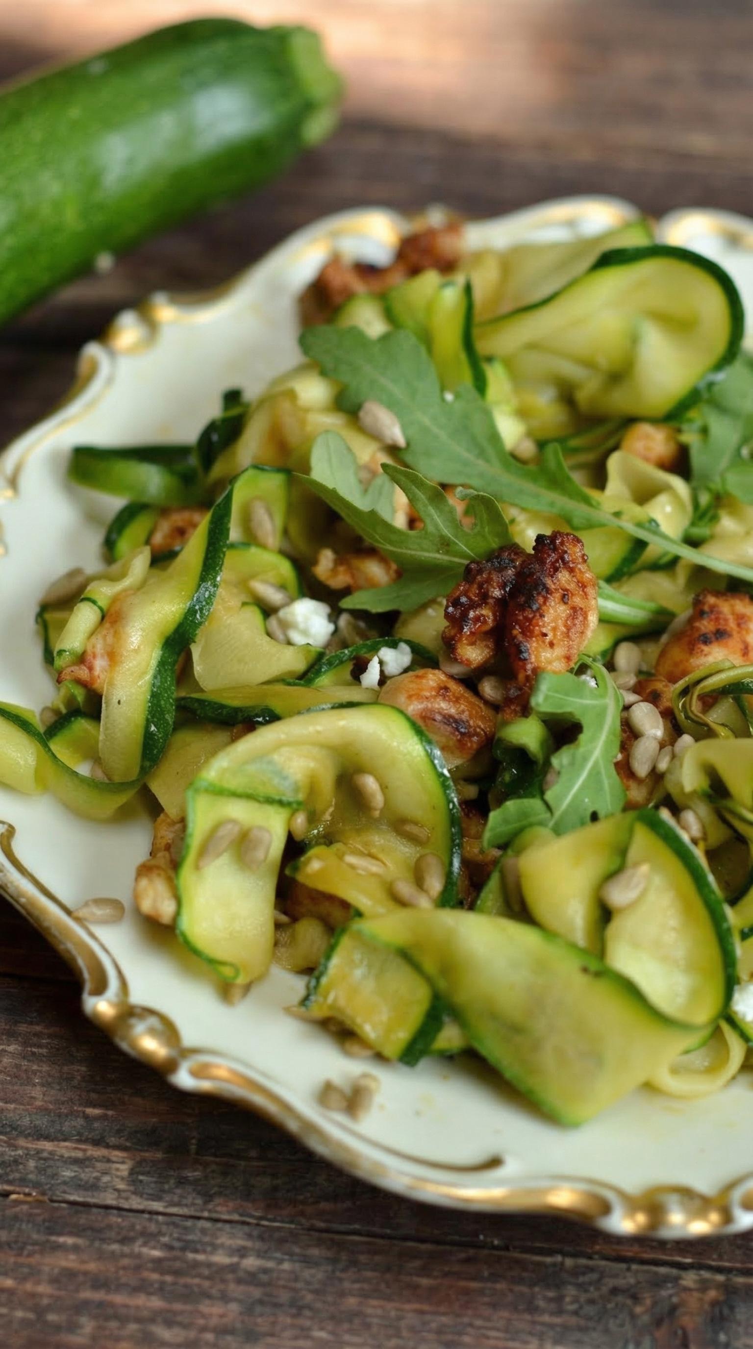 A plate of food with zucchini and spinach.