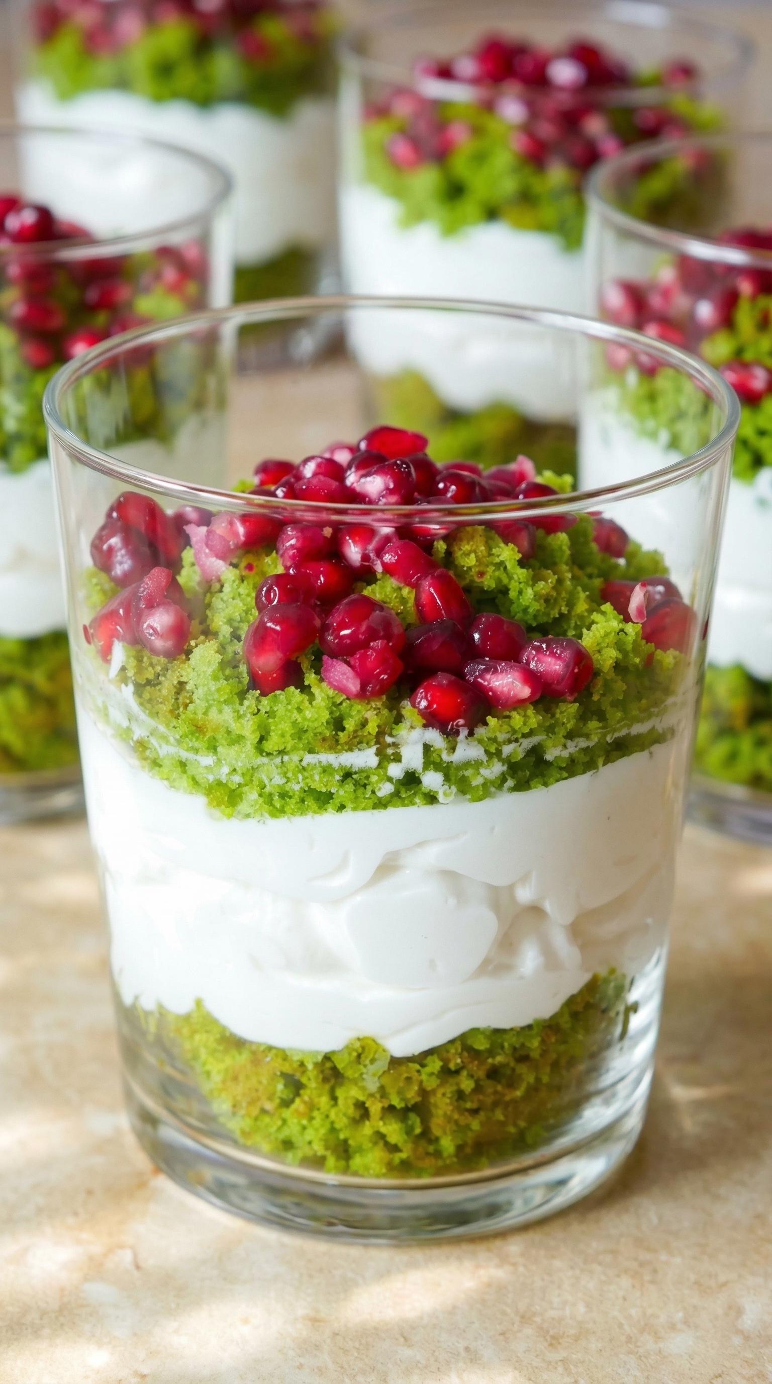 A glass of food with a green topping.