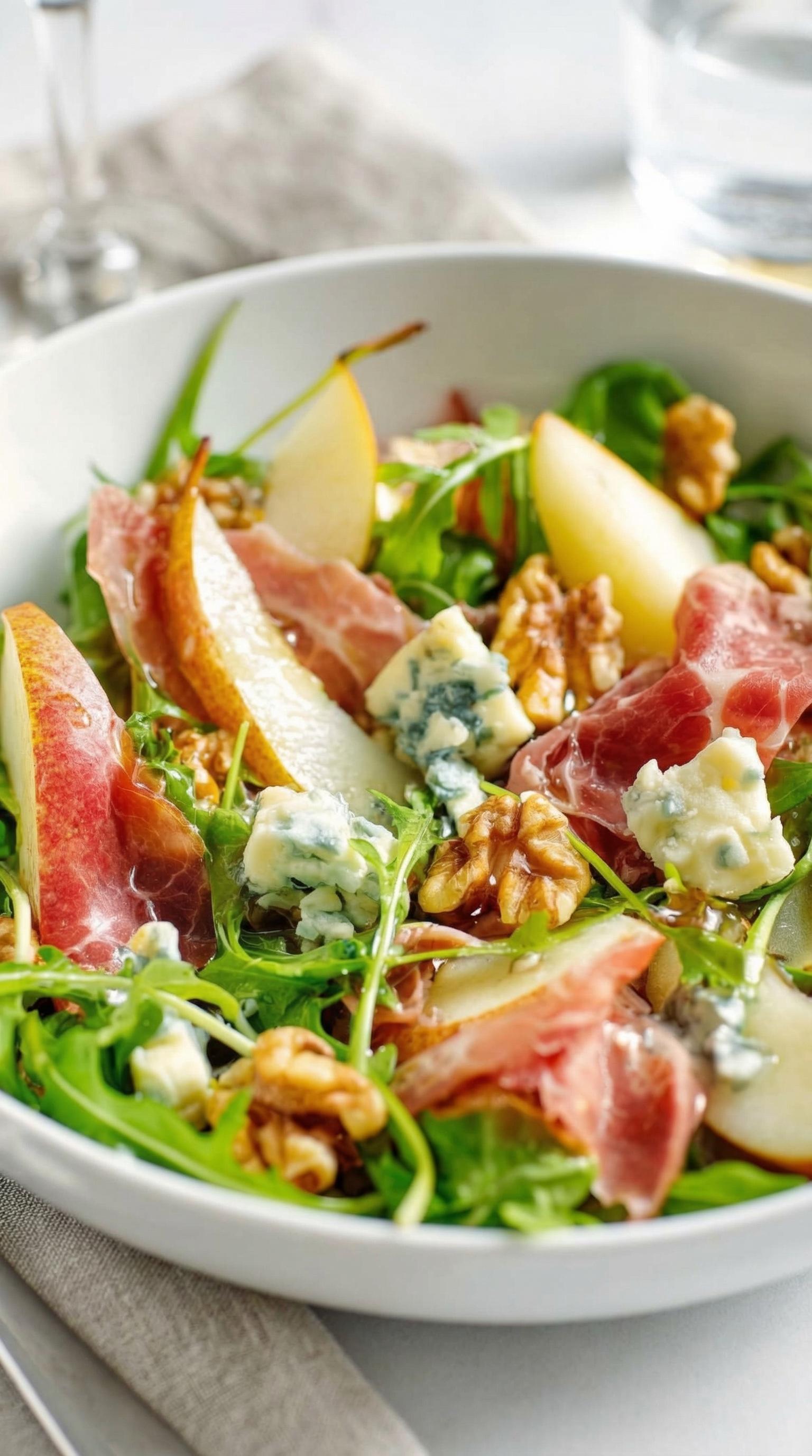 A salad with ham, apples, and walnuts.