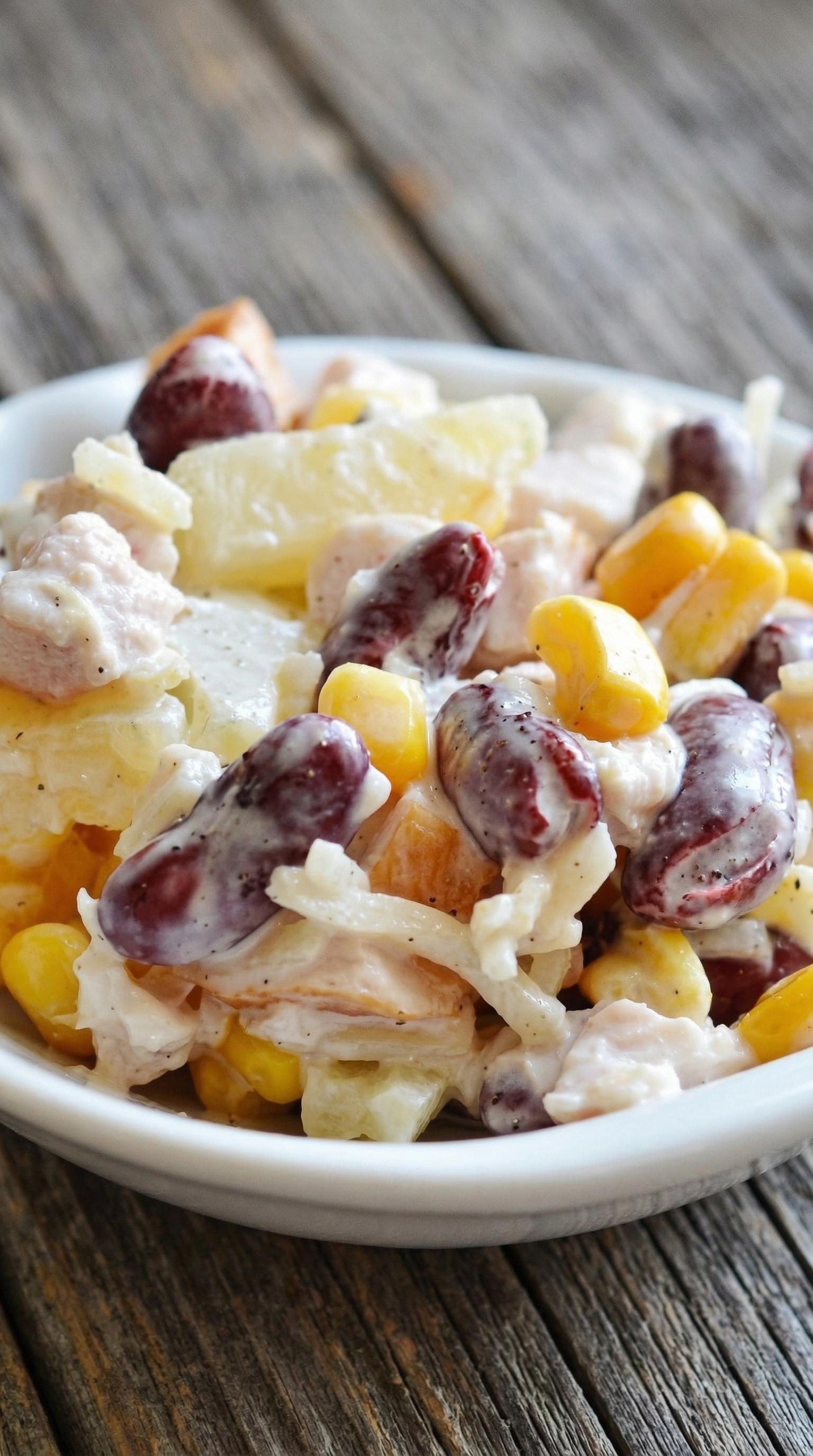 A bowl of salad with corn, tomatoes, and other vegetables.