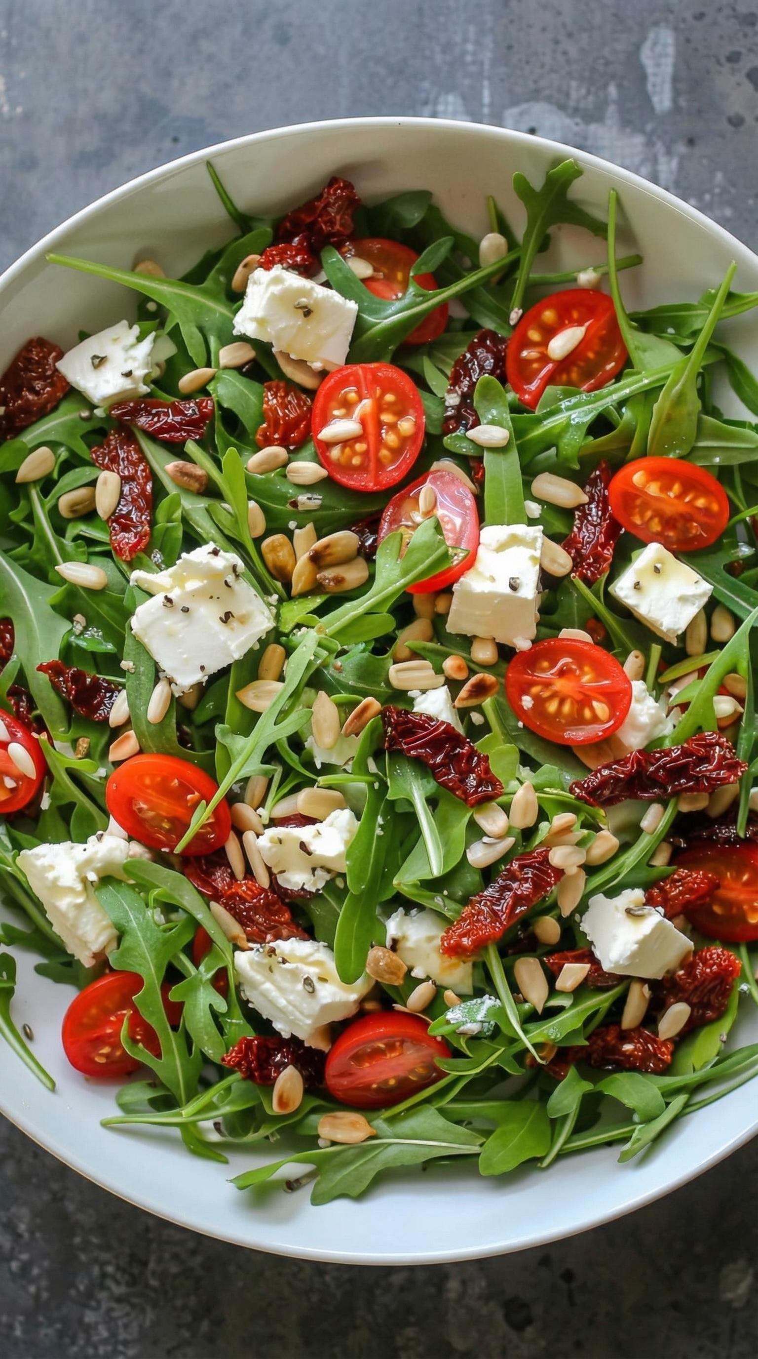 A salad with tomatoes, spinach, and feta cheese.