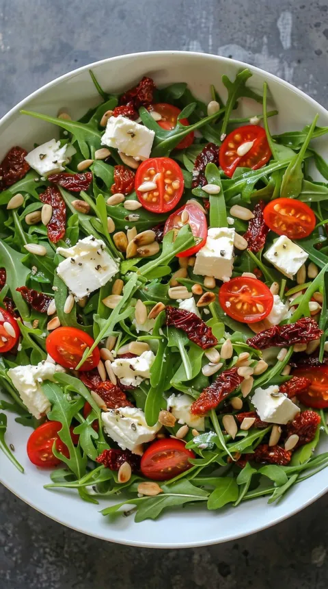 A salad with tomatoes, spinach, and feta cheese.