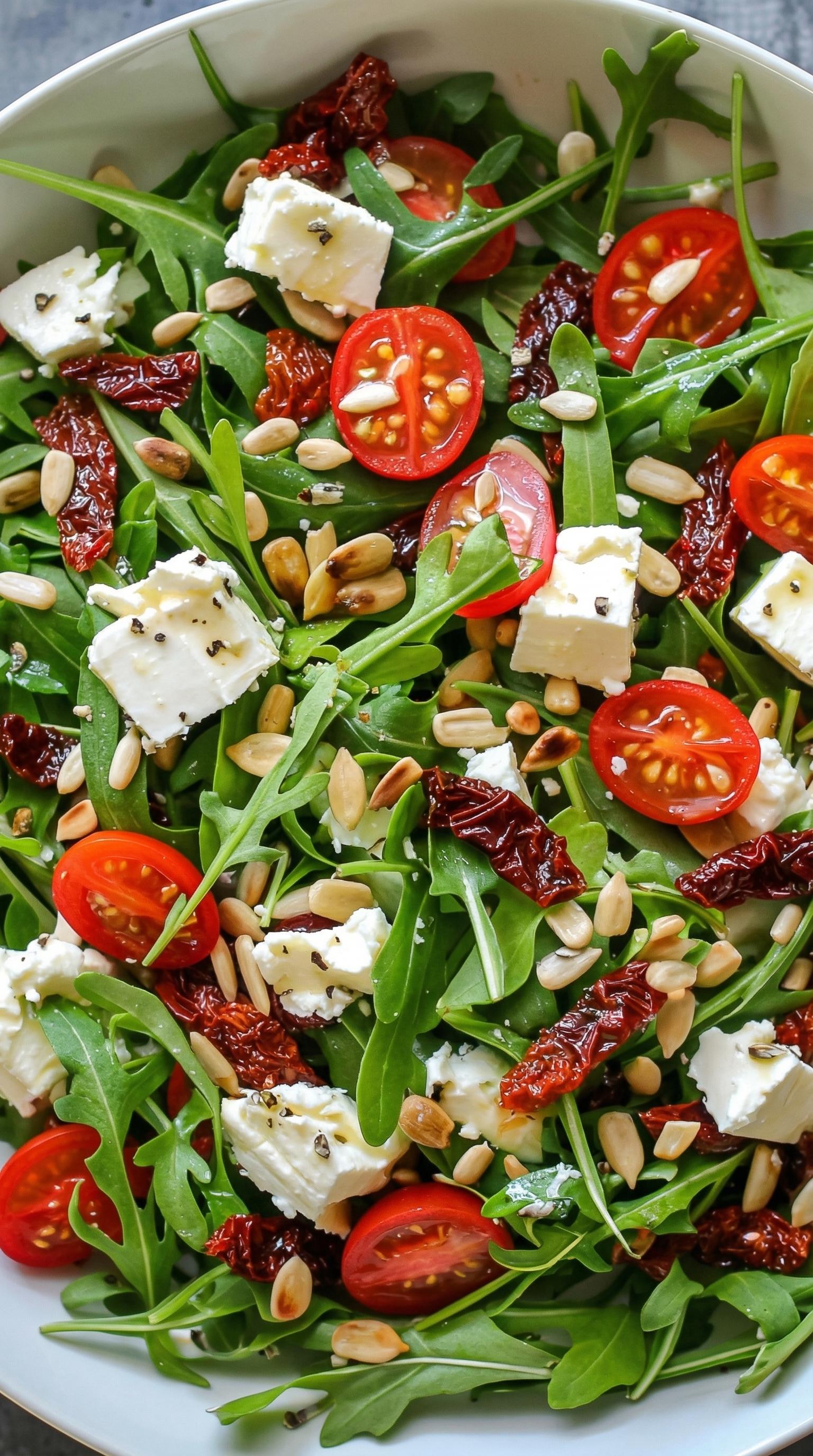 A colorful salad with tomatoes, spinach, and nuts.