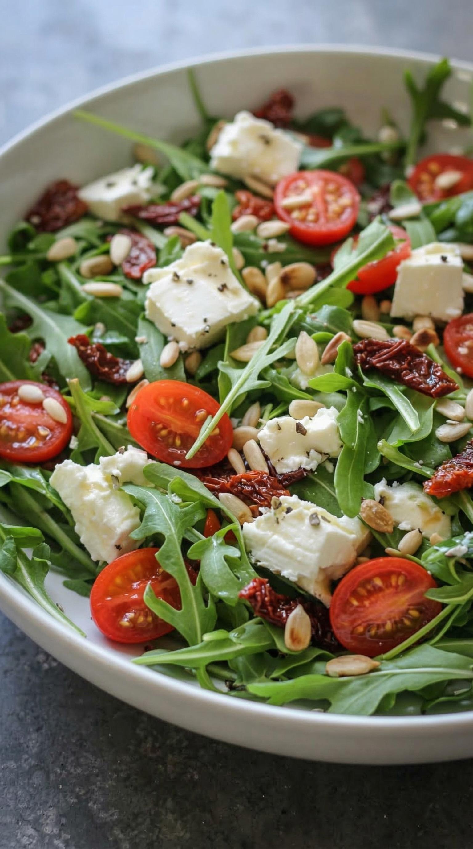 A salad with tomatoes, spinach, and feta cheese.