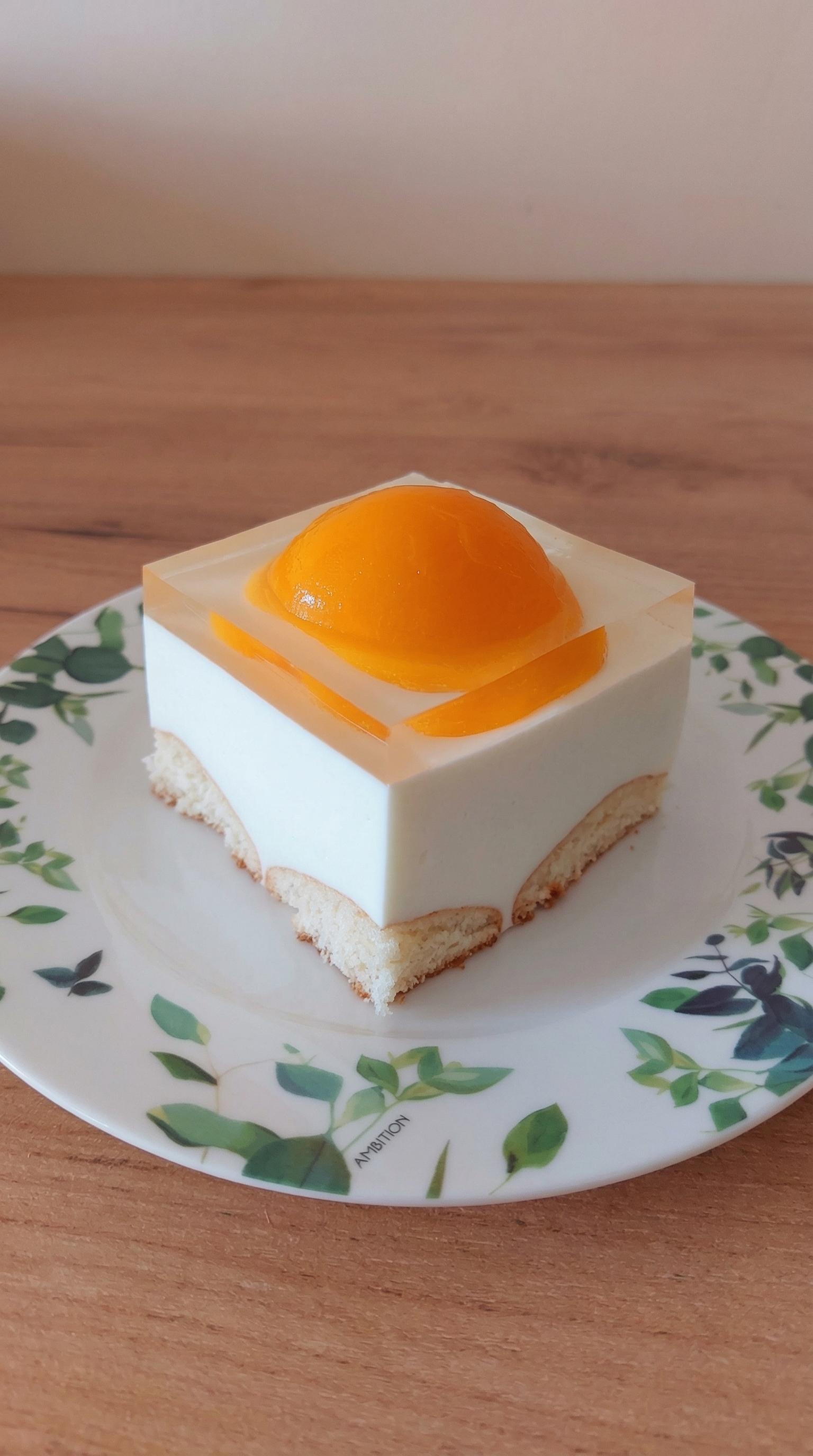 A slice of cake with a yellow center.