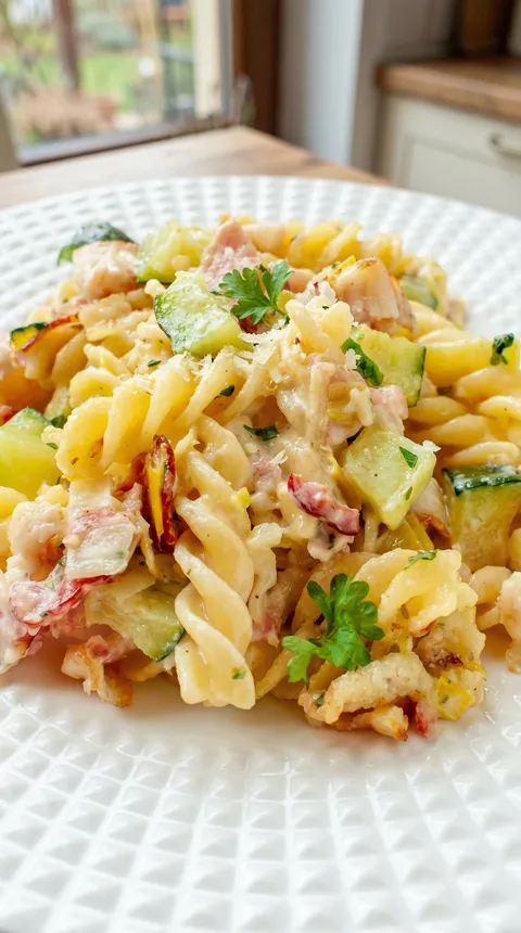 A plate of pasta with vegetables.