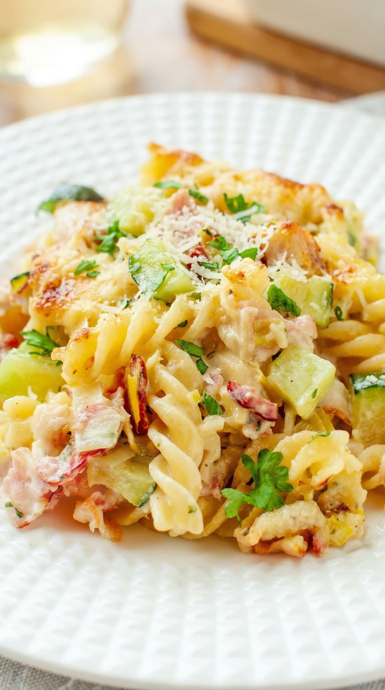 A plate of pasta with vegetables.