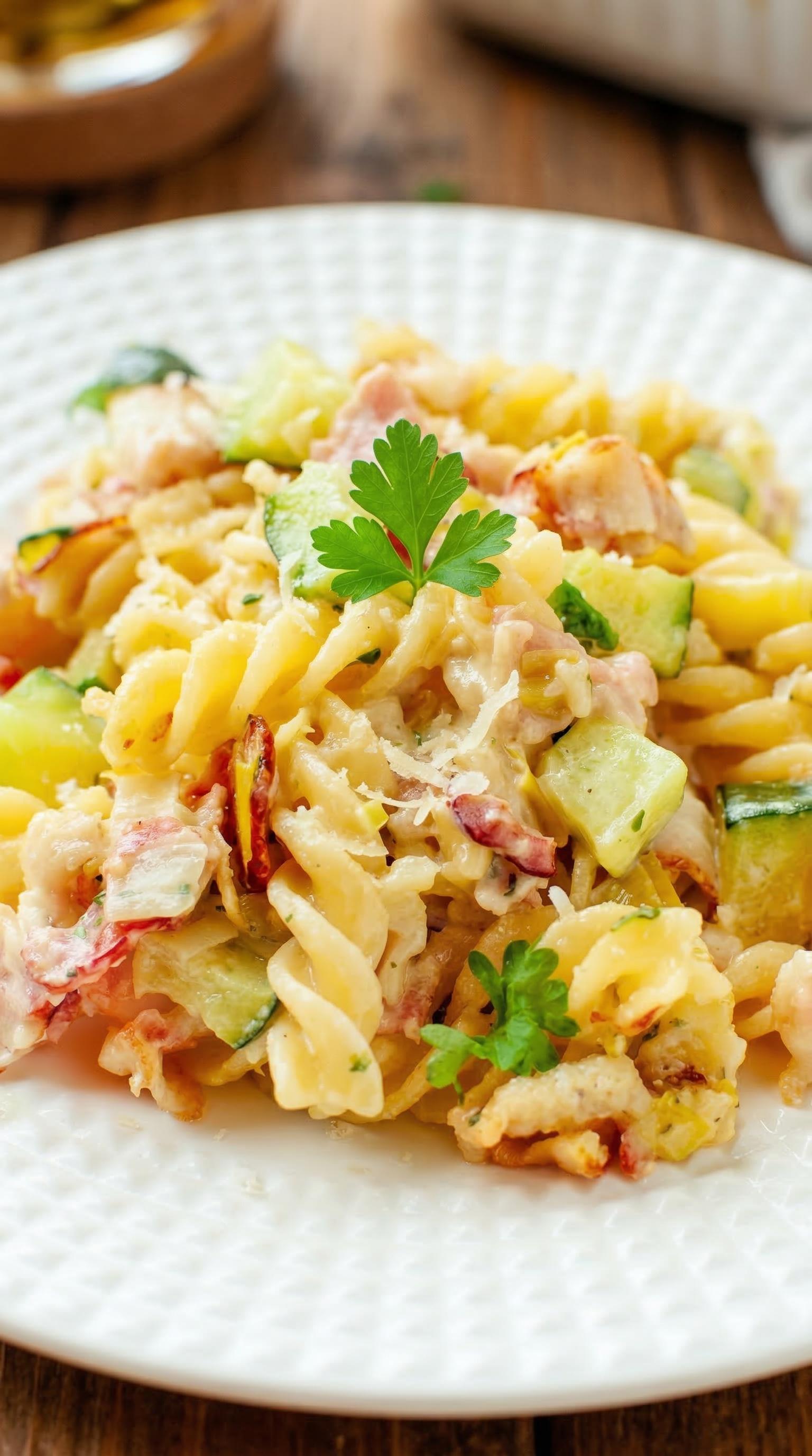 A plate of pasta with vegetables on top.