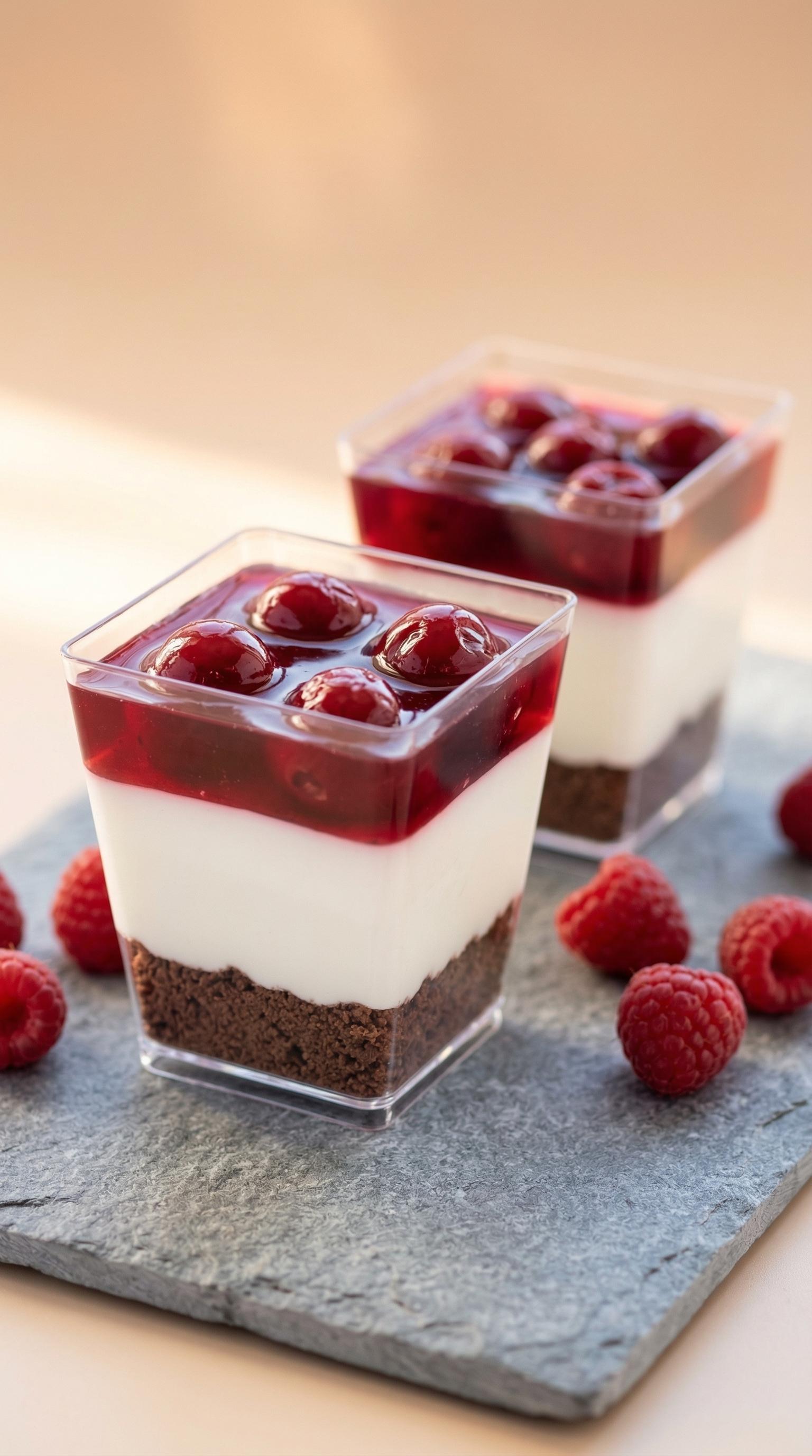 Two glasses of dessert with raspberries.