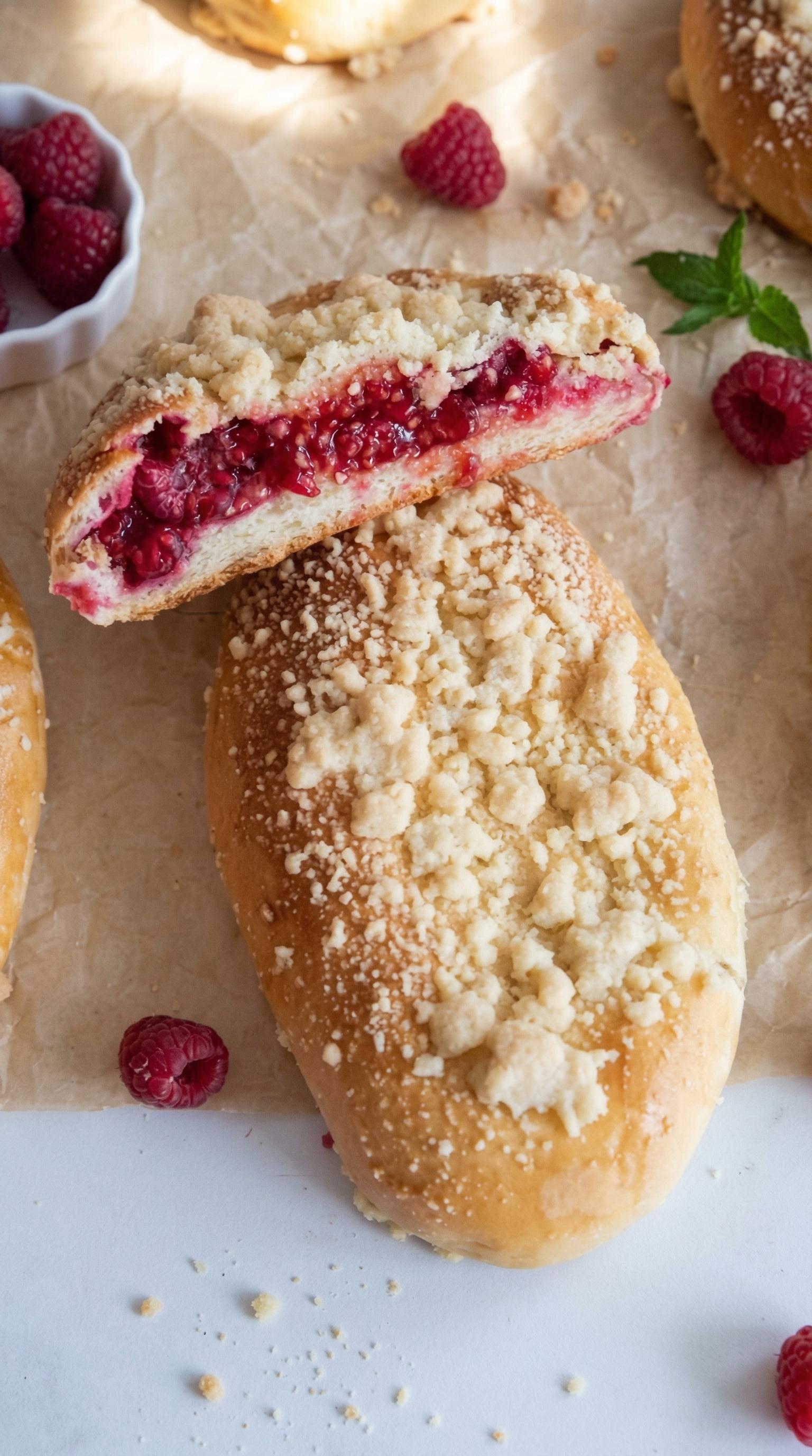 A pastry with a filling of raspberry jam.