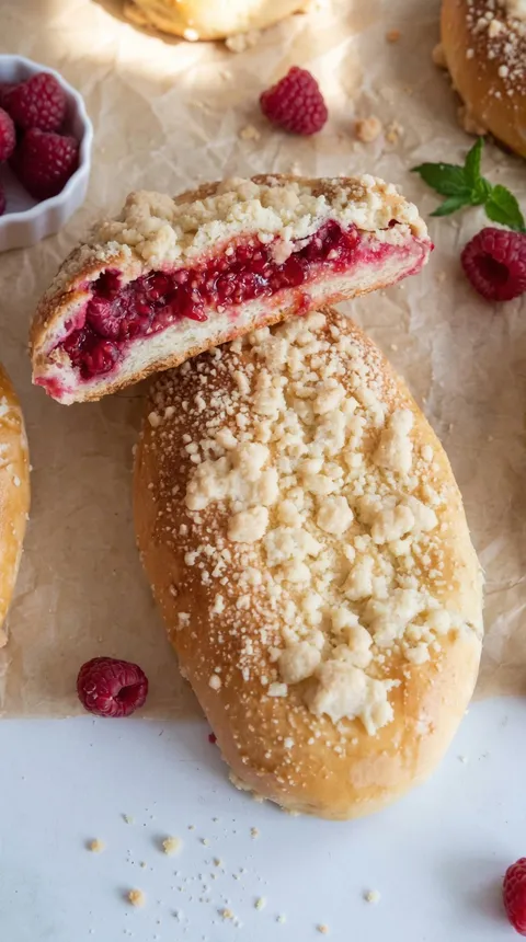 A pastry with a filling of raspberry jam.