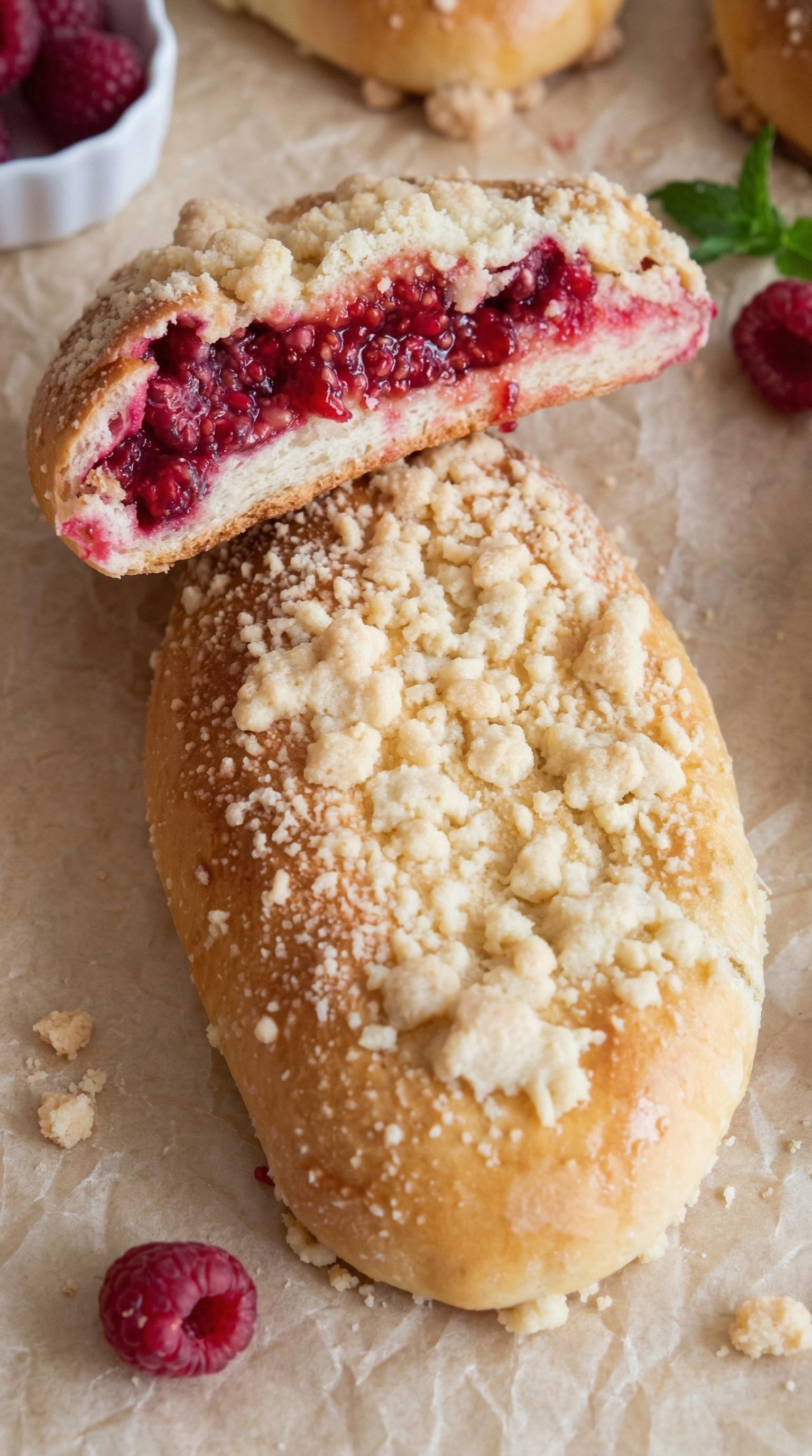 A pastry with a filling of jam and powdered sugar.