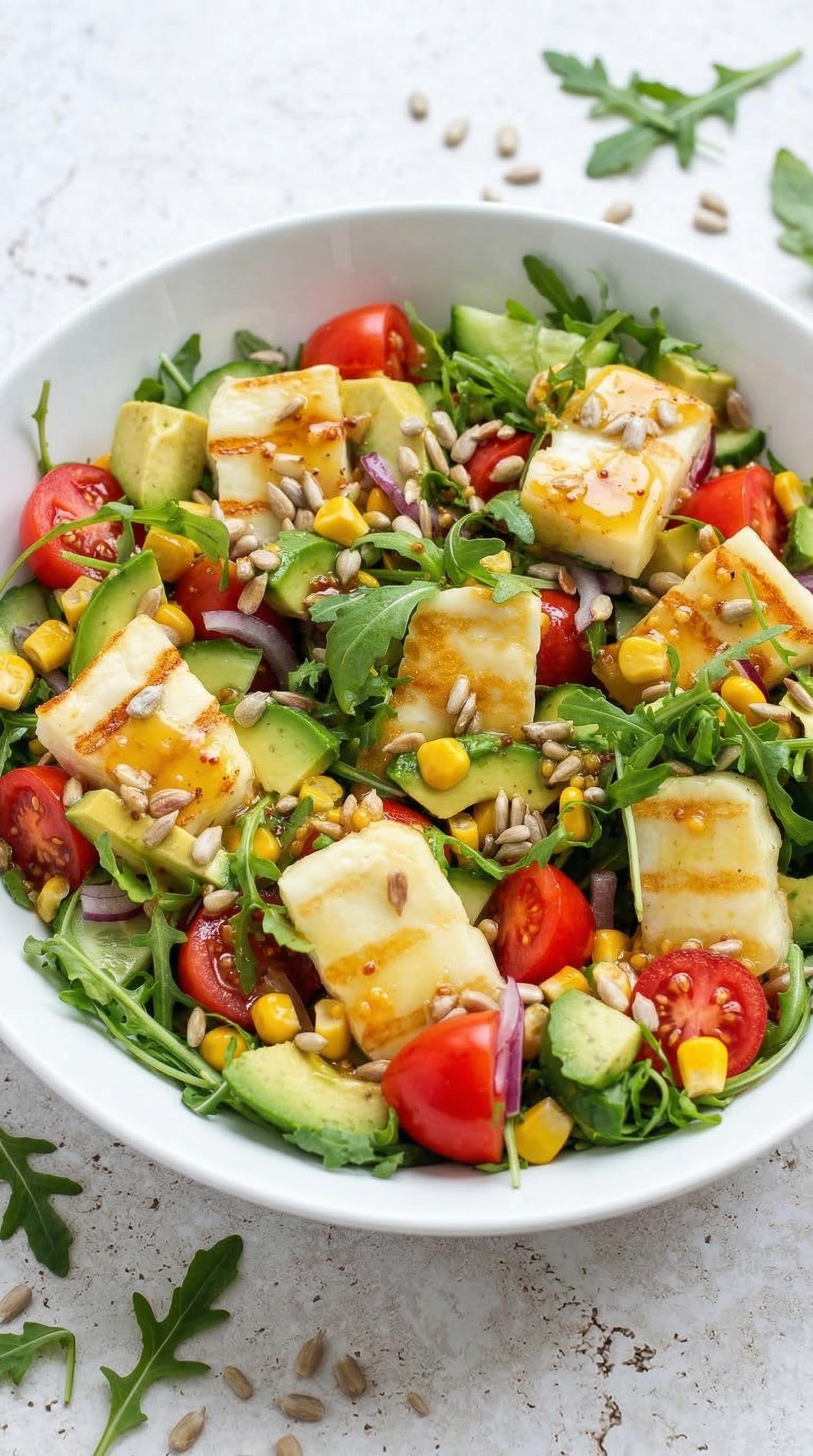 A bowl of salad with tofu, tomatoes, and greens.
