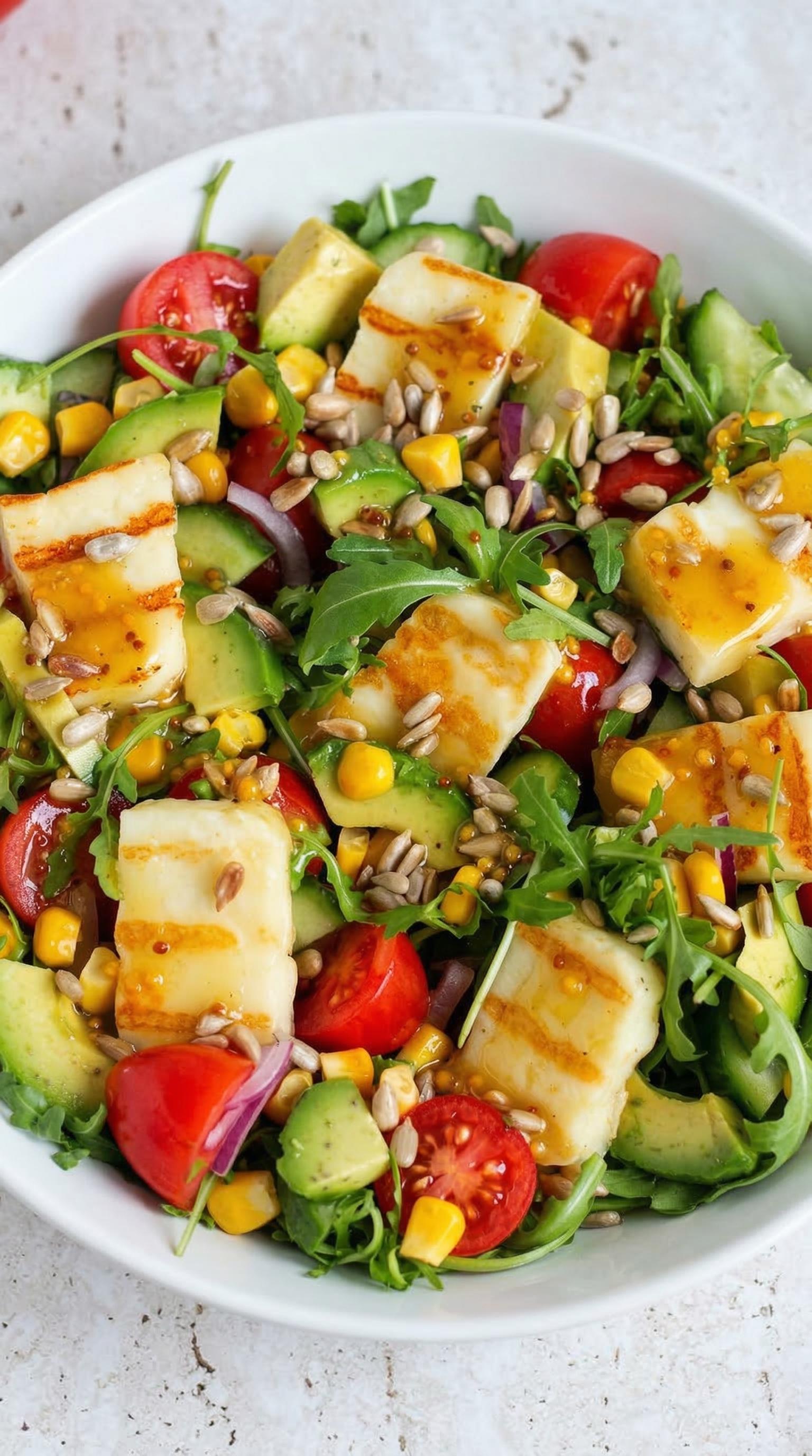 A salad with cheese, tomatoes, and other vegetables.