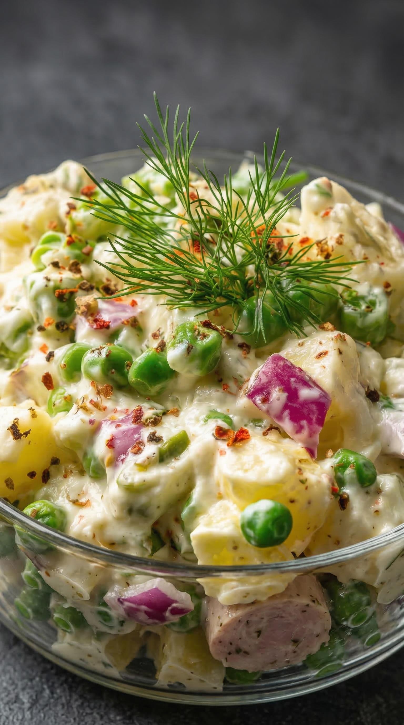 A bowl of salad with chicken and peas.
