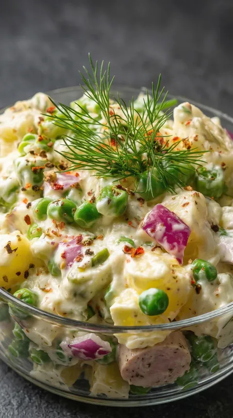 A bowl of salad with chicken and peas.