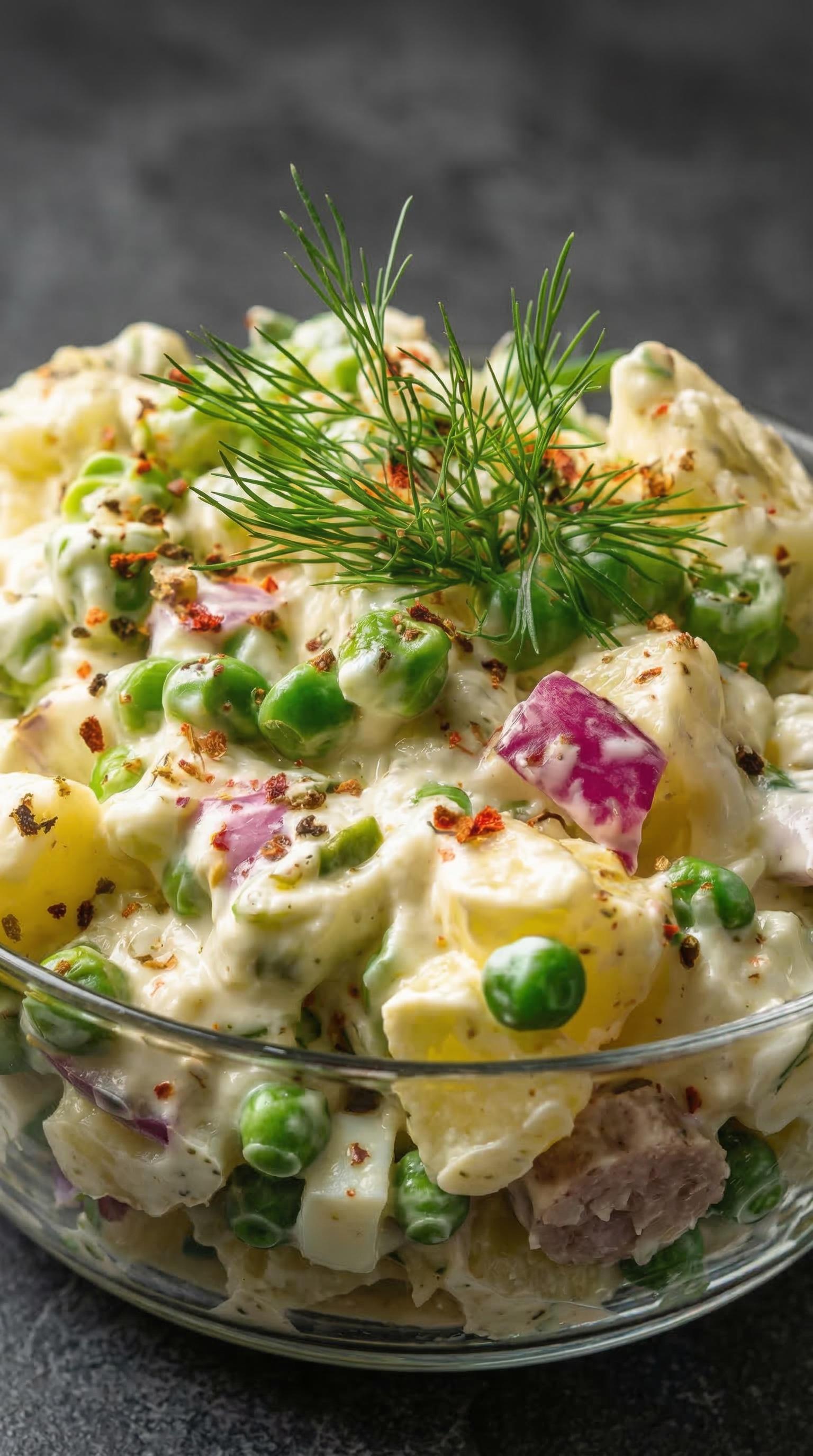A bowl of salad with peas and potatoes.