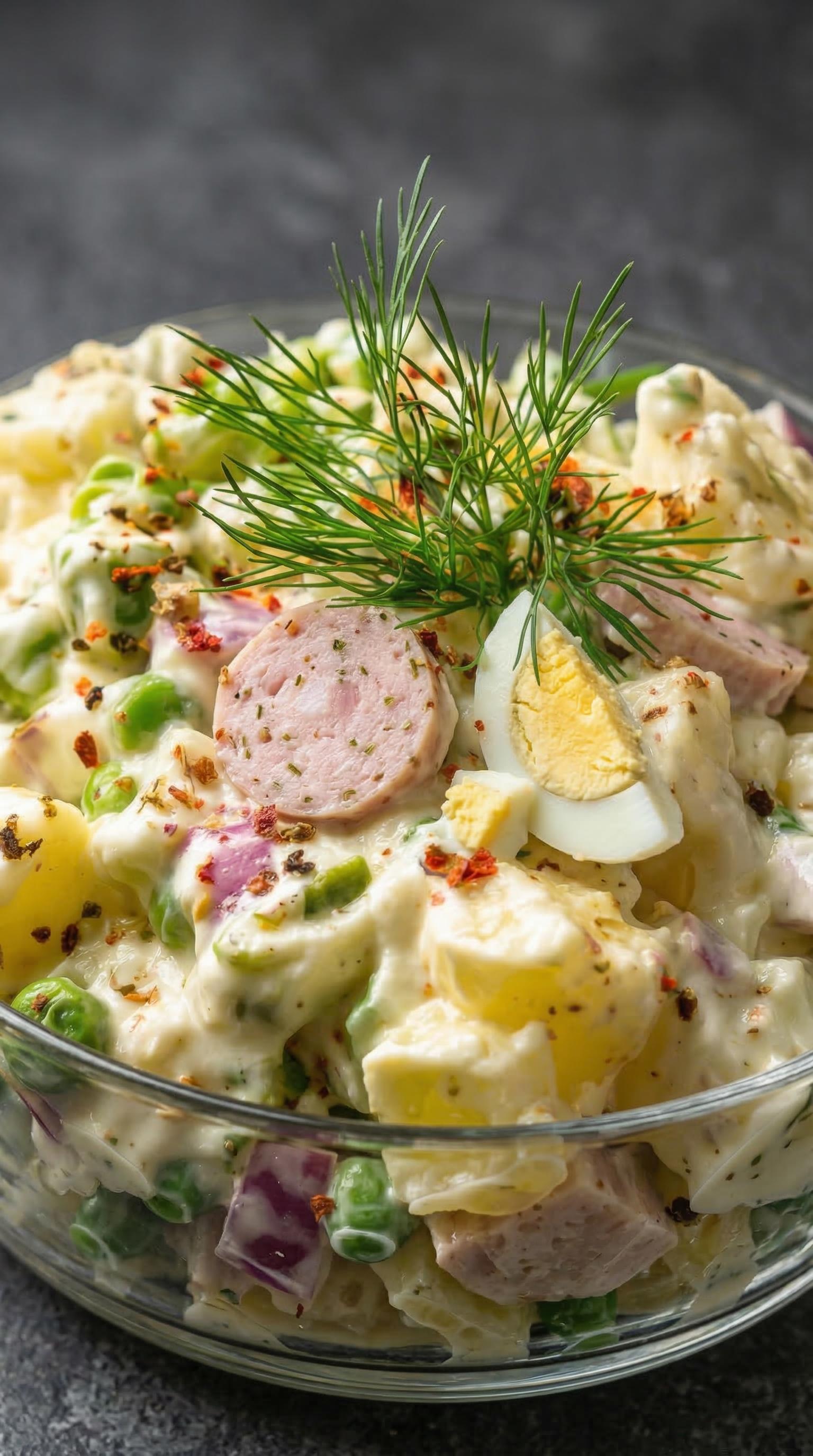 A bowl of salad with sausage and eggs.
